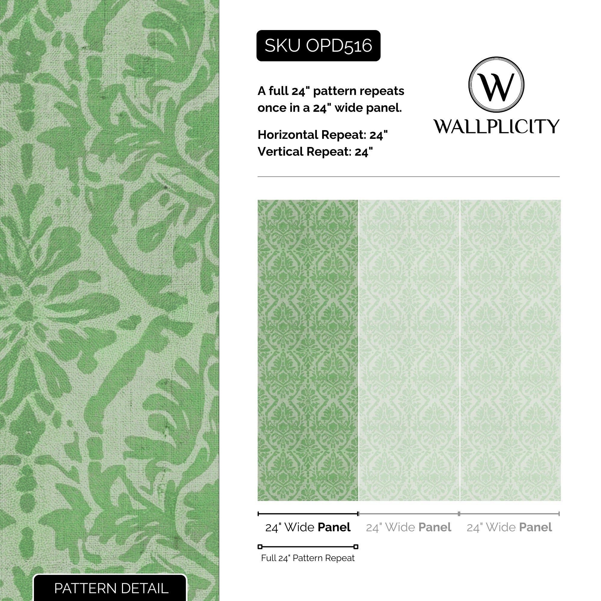 Ivy Damask wallpaper pattern detail and repeat size