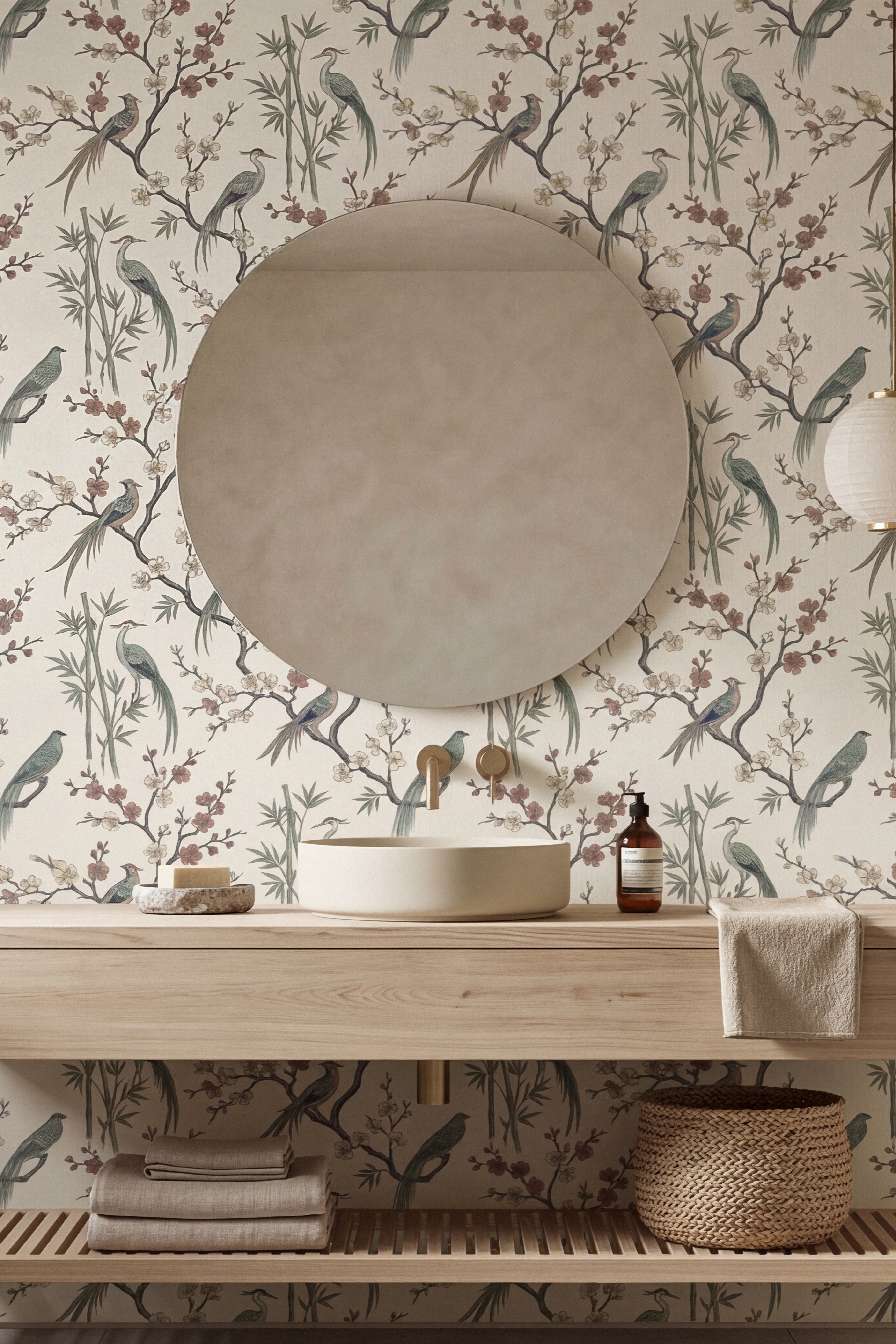 Crane Garden wallpaper shown in a powder room