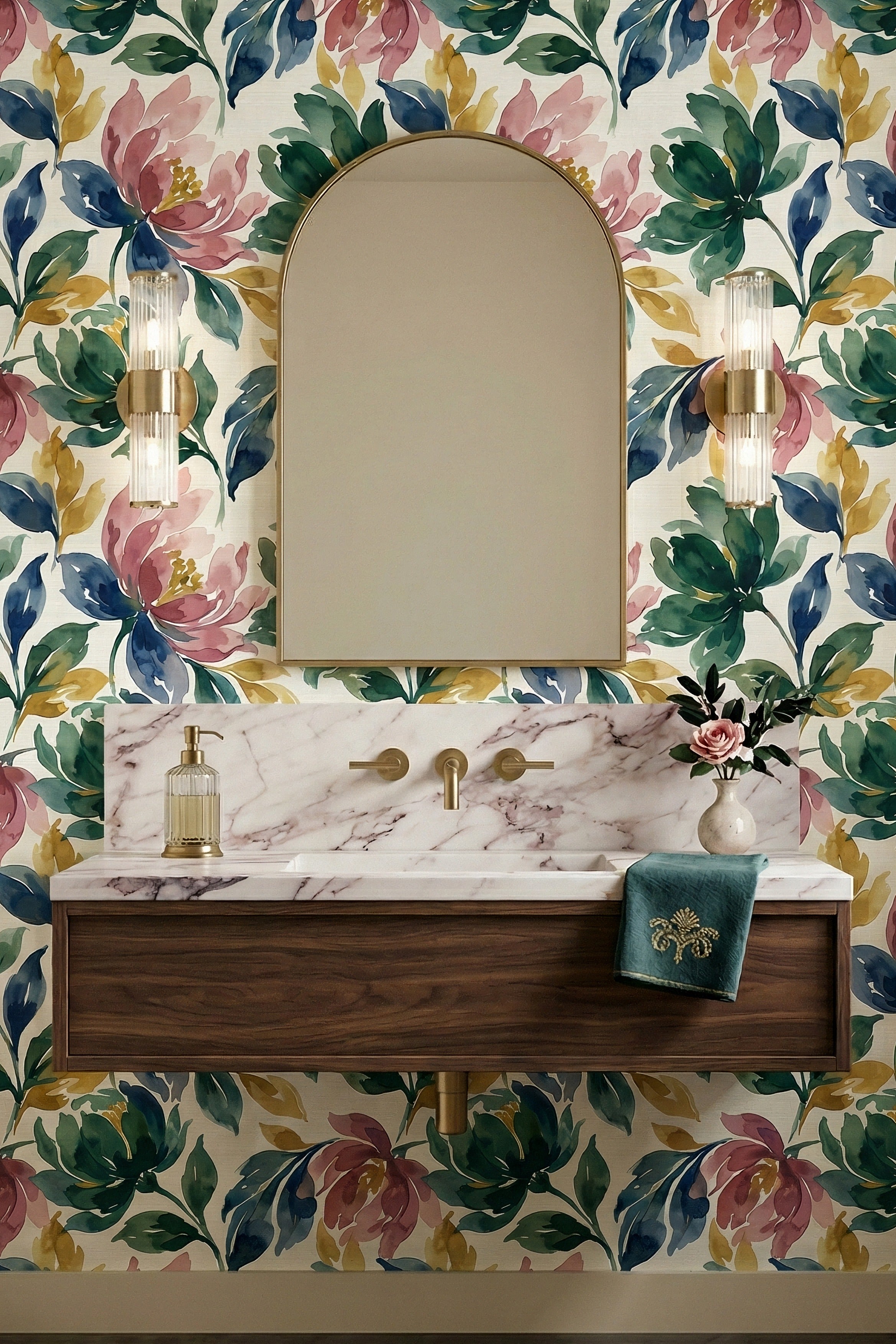 Wildflower Parade wallpaper shown in a powder room
