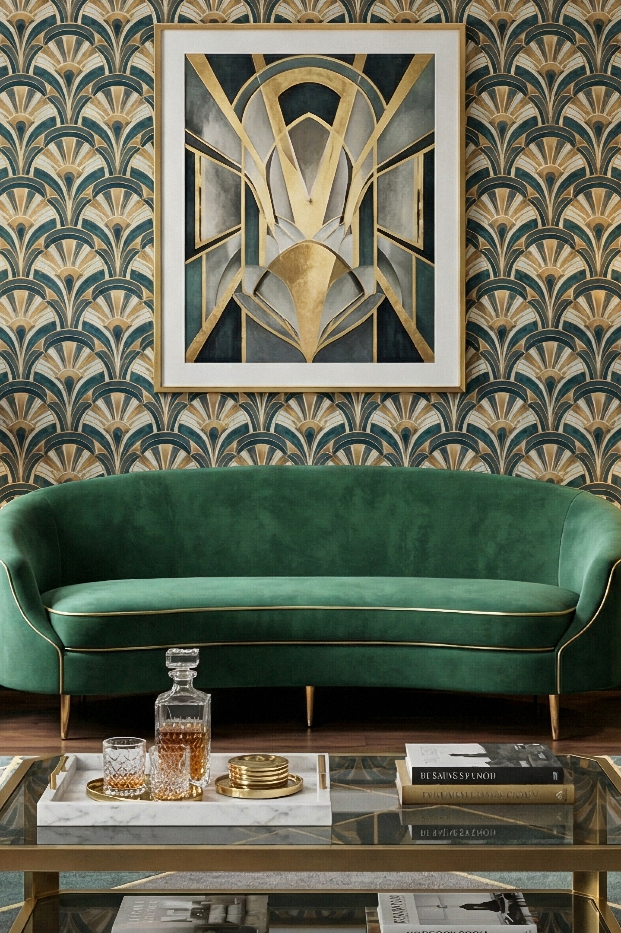 Jade Deco wallpaper shown in a living room