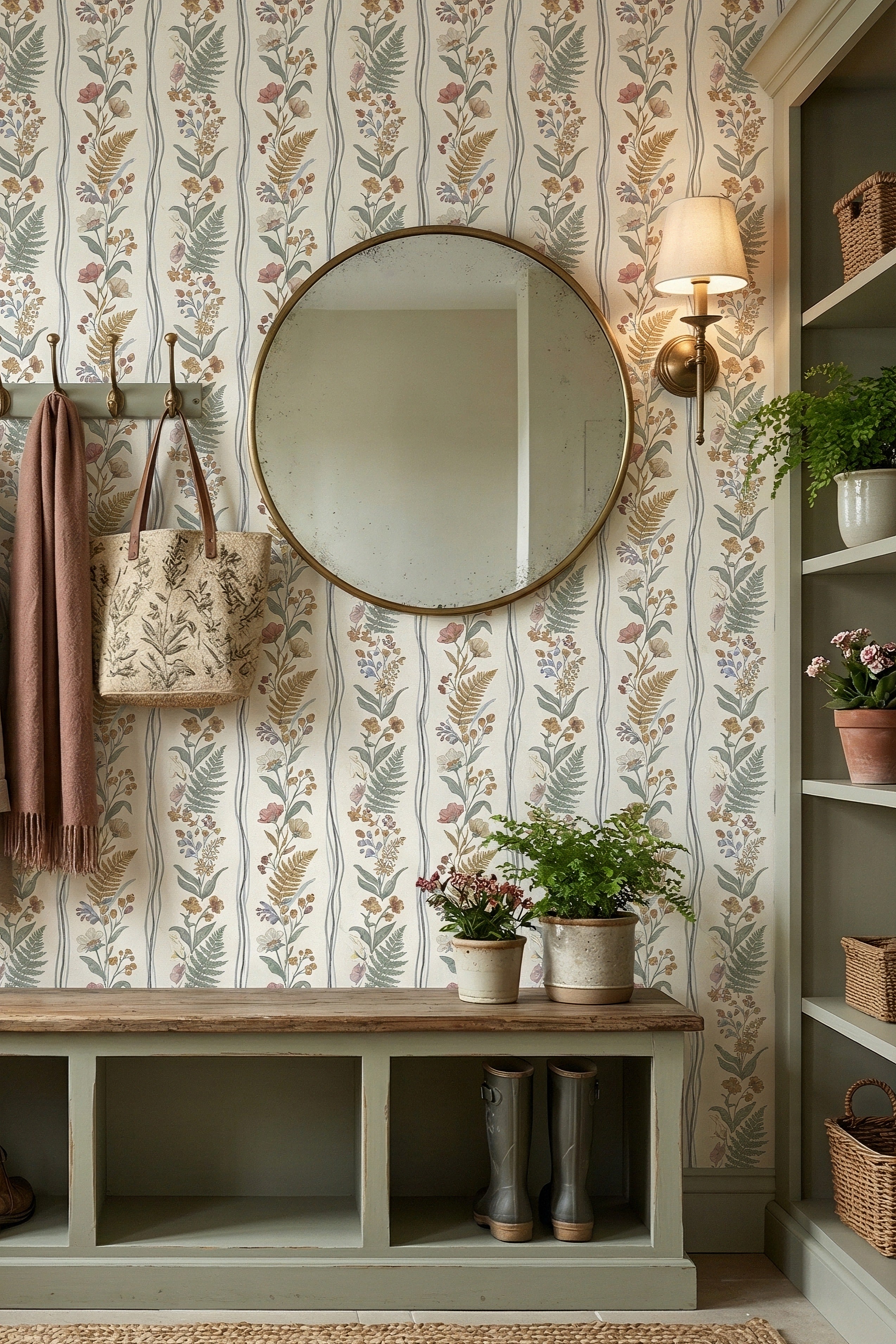 English Posy wallpaper shown in a mudroom
