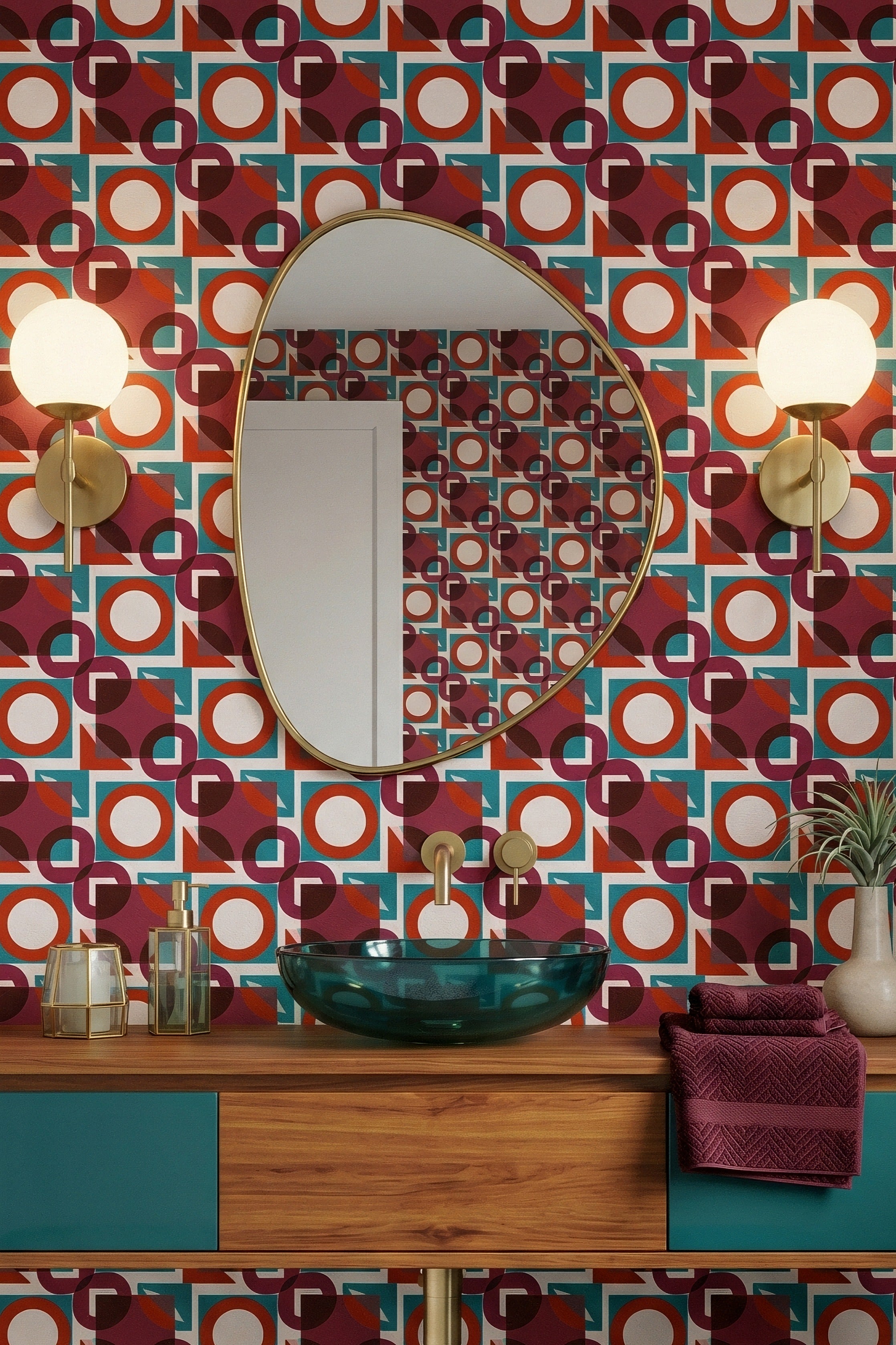Retro Spice wallpaper shown in a powder room