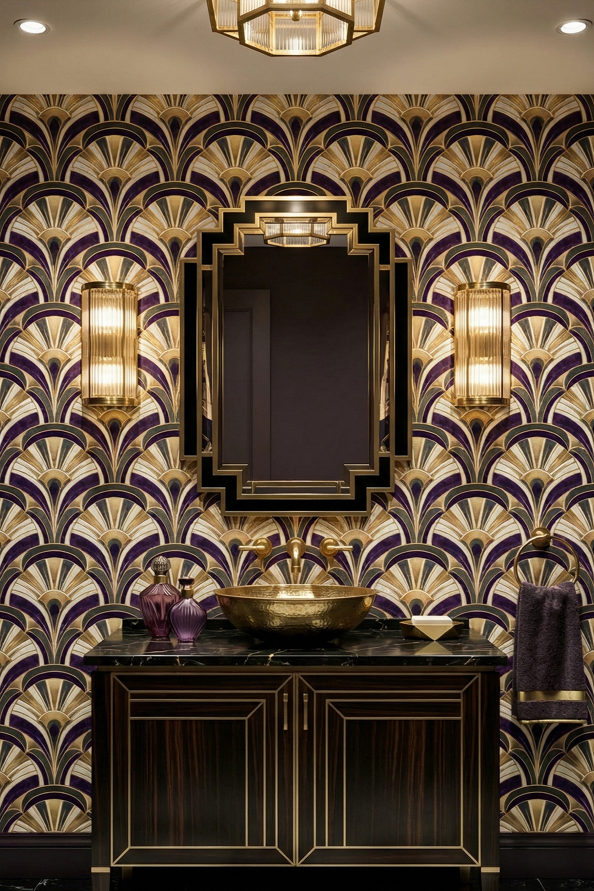 Violet Marquee wallpaper shown in a powder room