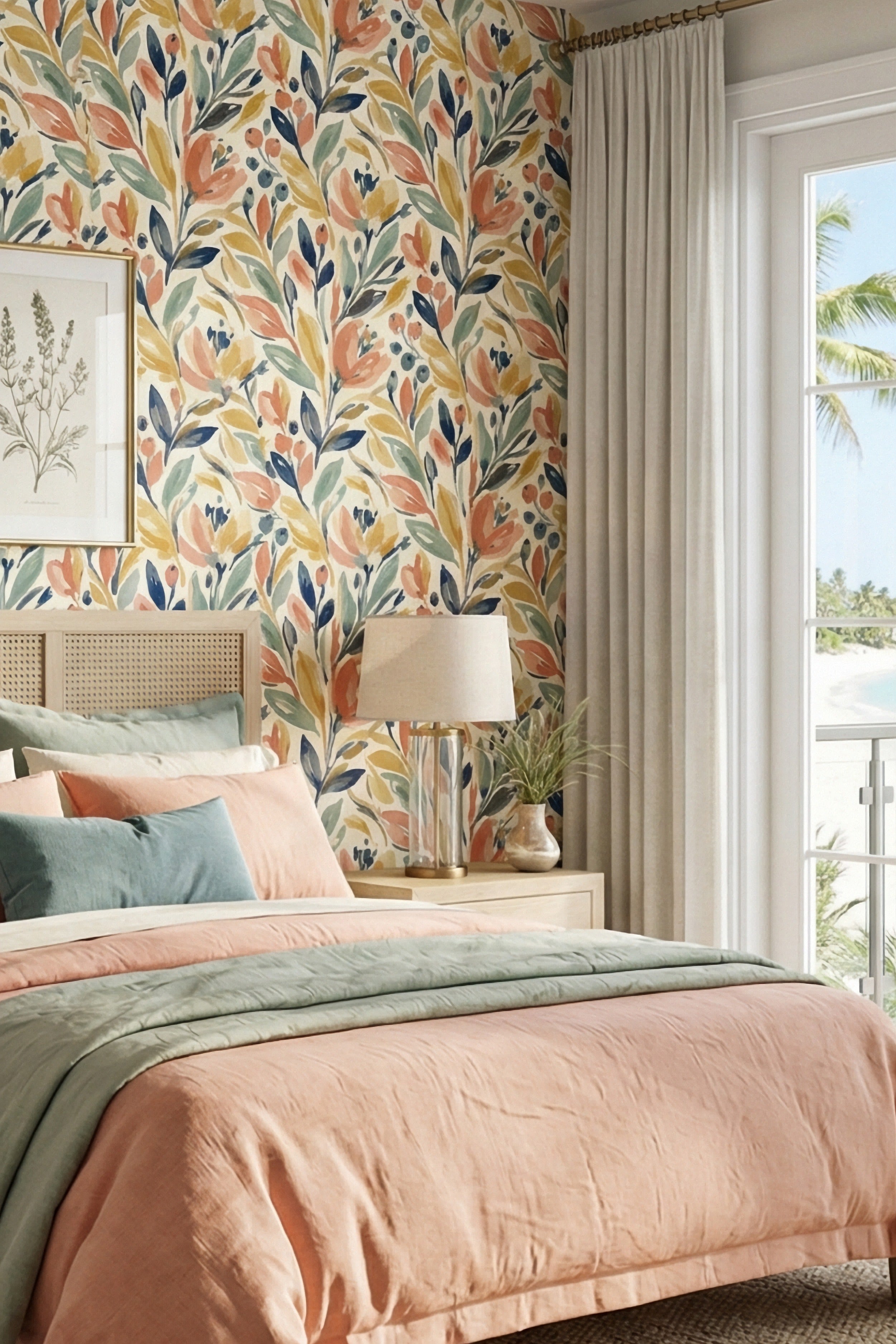 Seaside Wildflower wallpaper shown in a bedroom