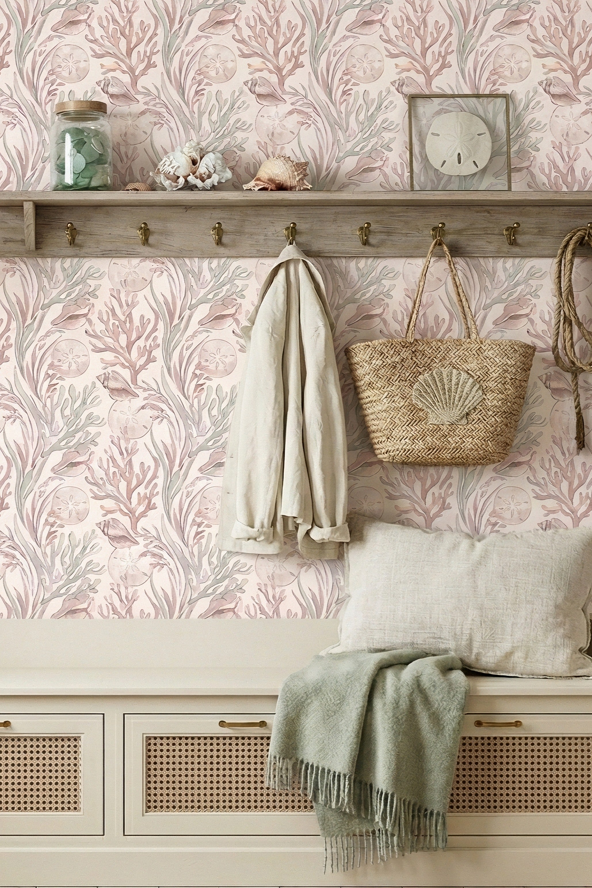 Shell Collector wallpaper shown in a mudroom