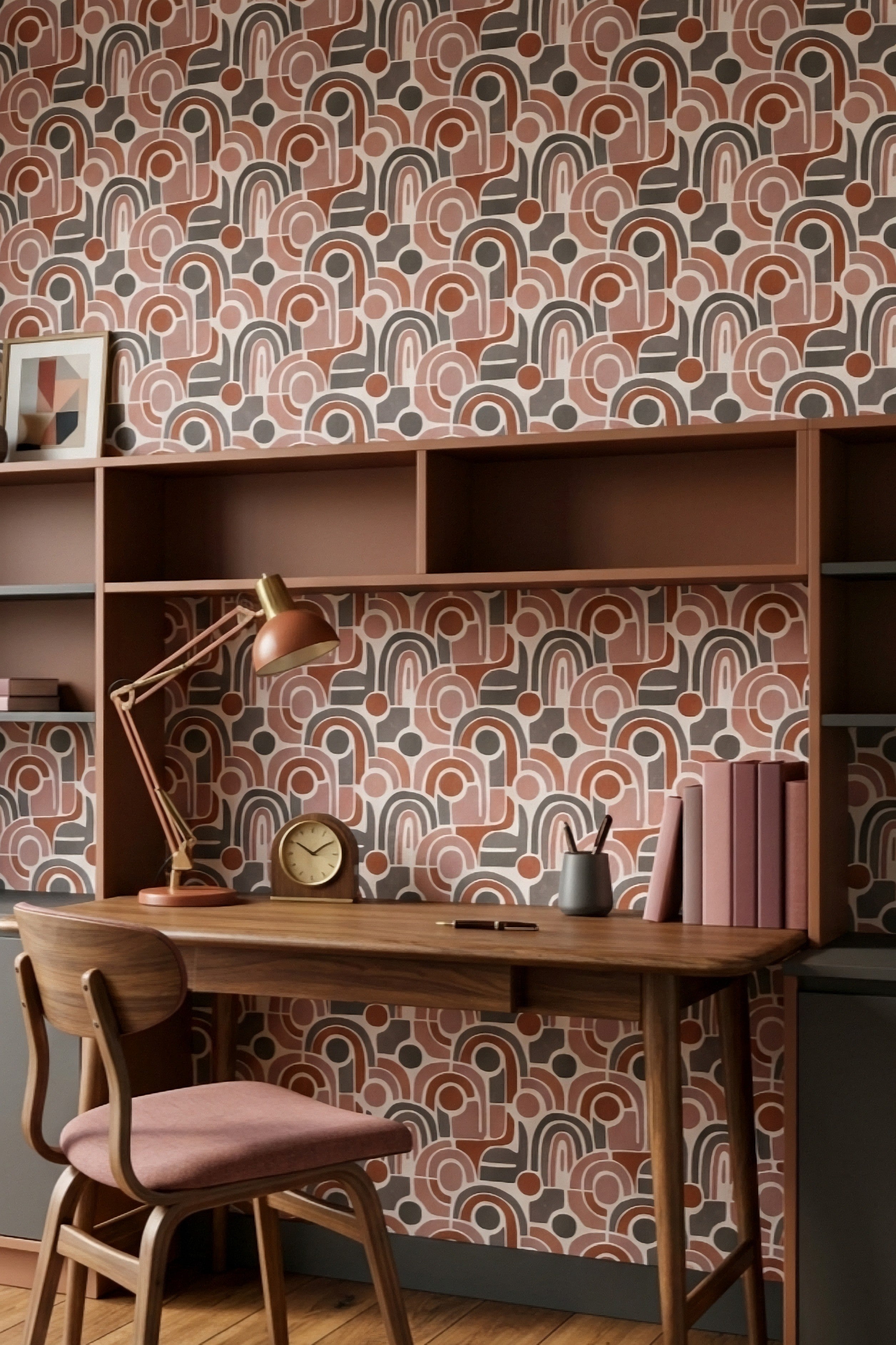 Blush Century wallpaper shown in a home office