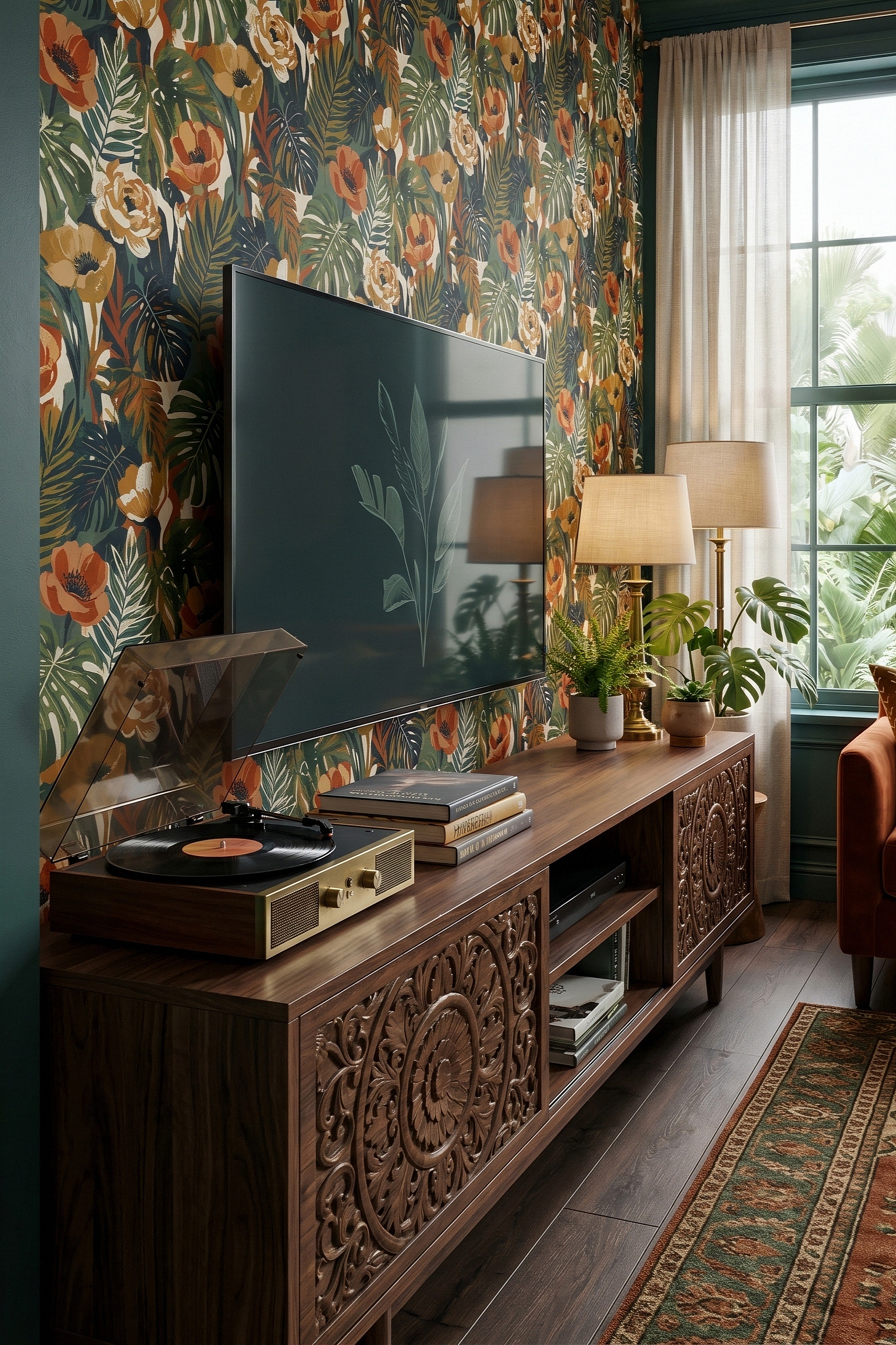 Boho Tropics wallpaper shown in a media room