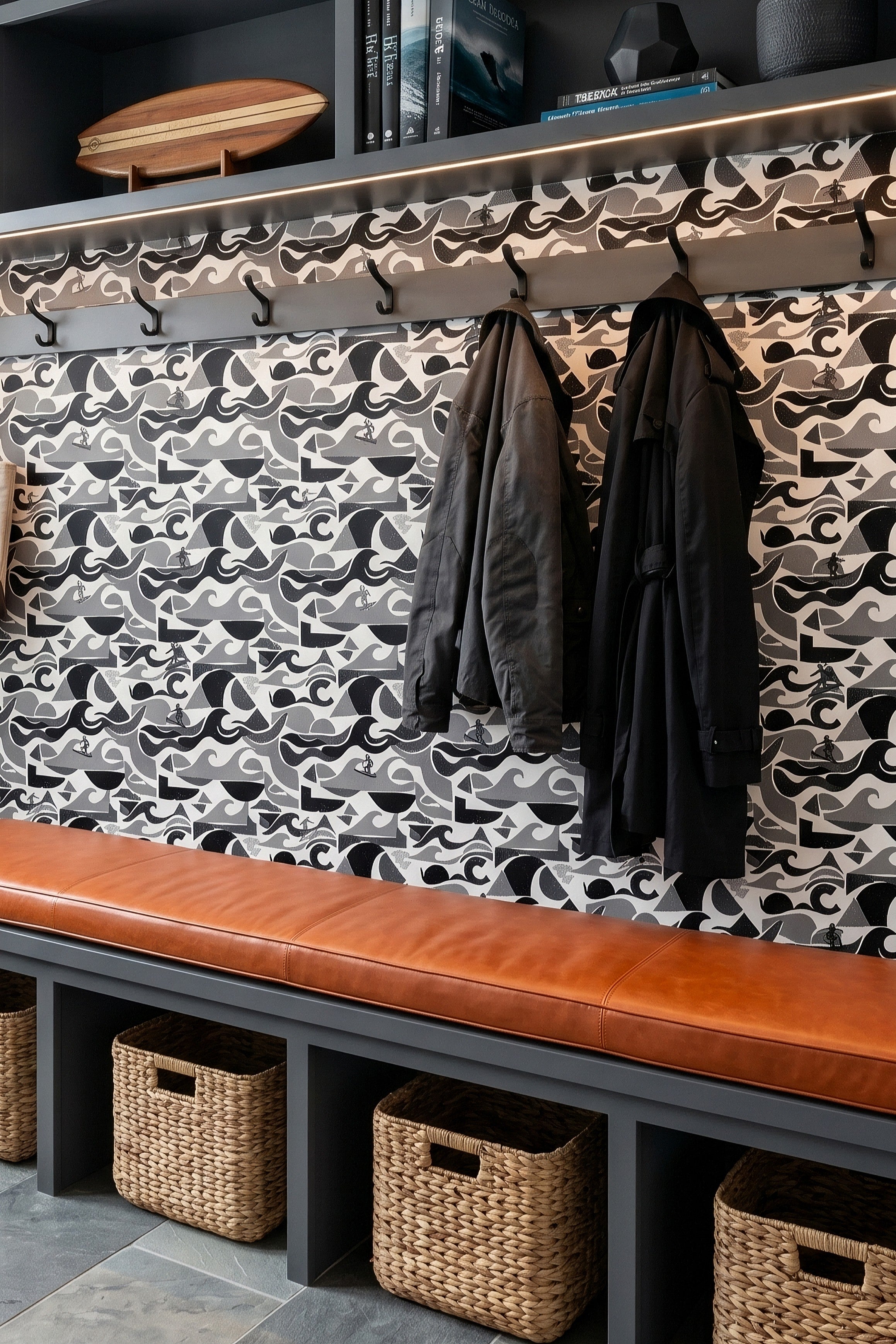 Monochrome Surf wallpaper shown in a mudroom