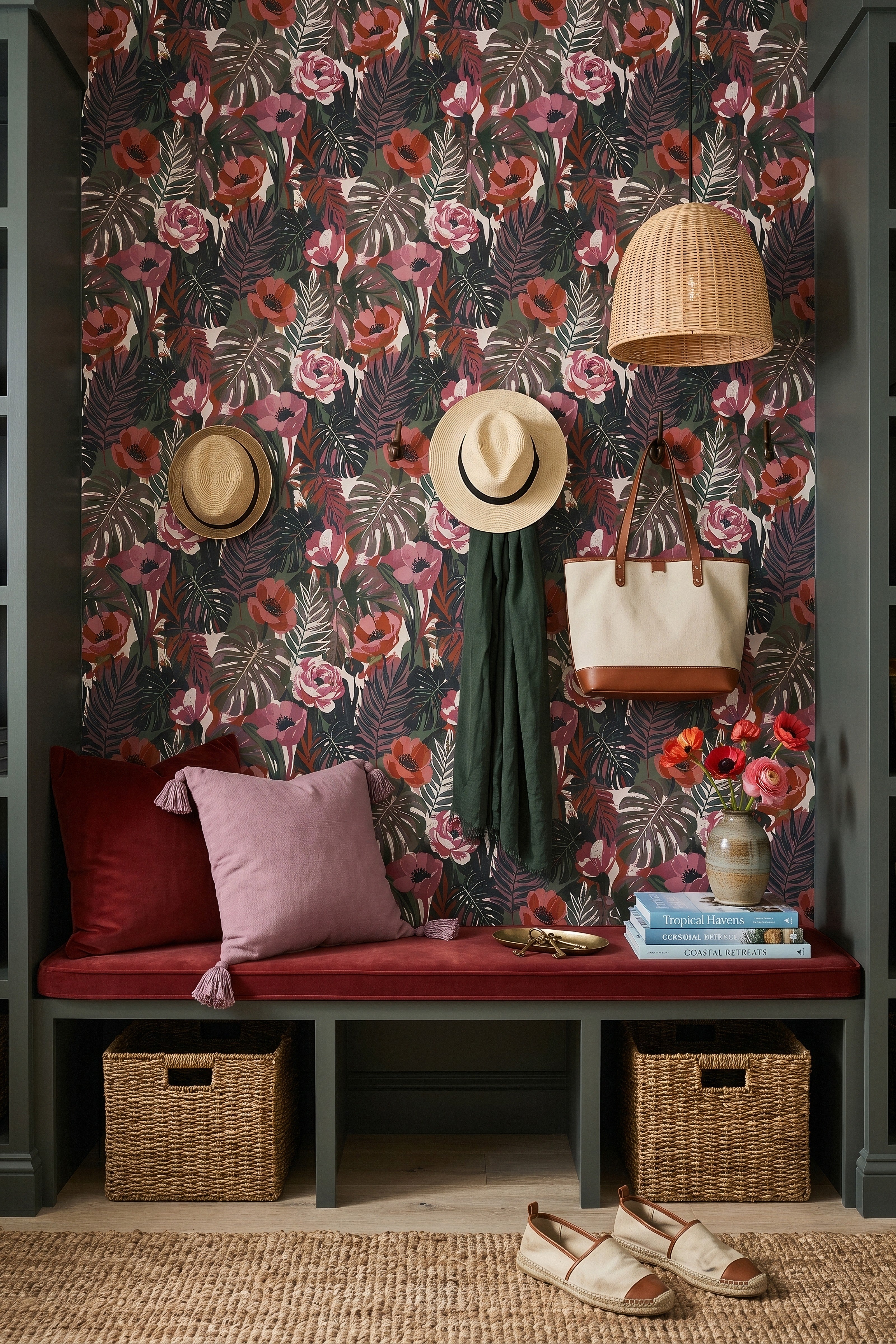 Tropic Punch wallpaper shown in a mudroom