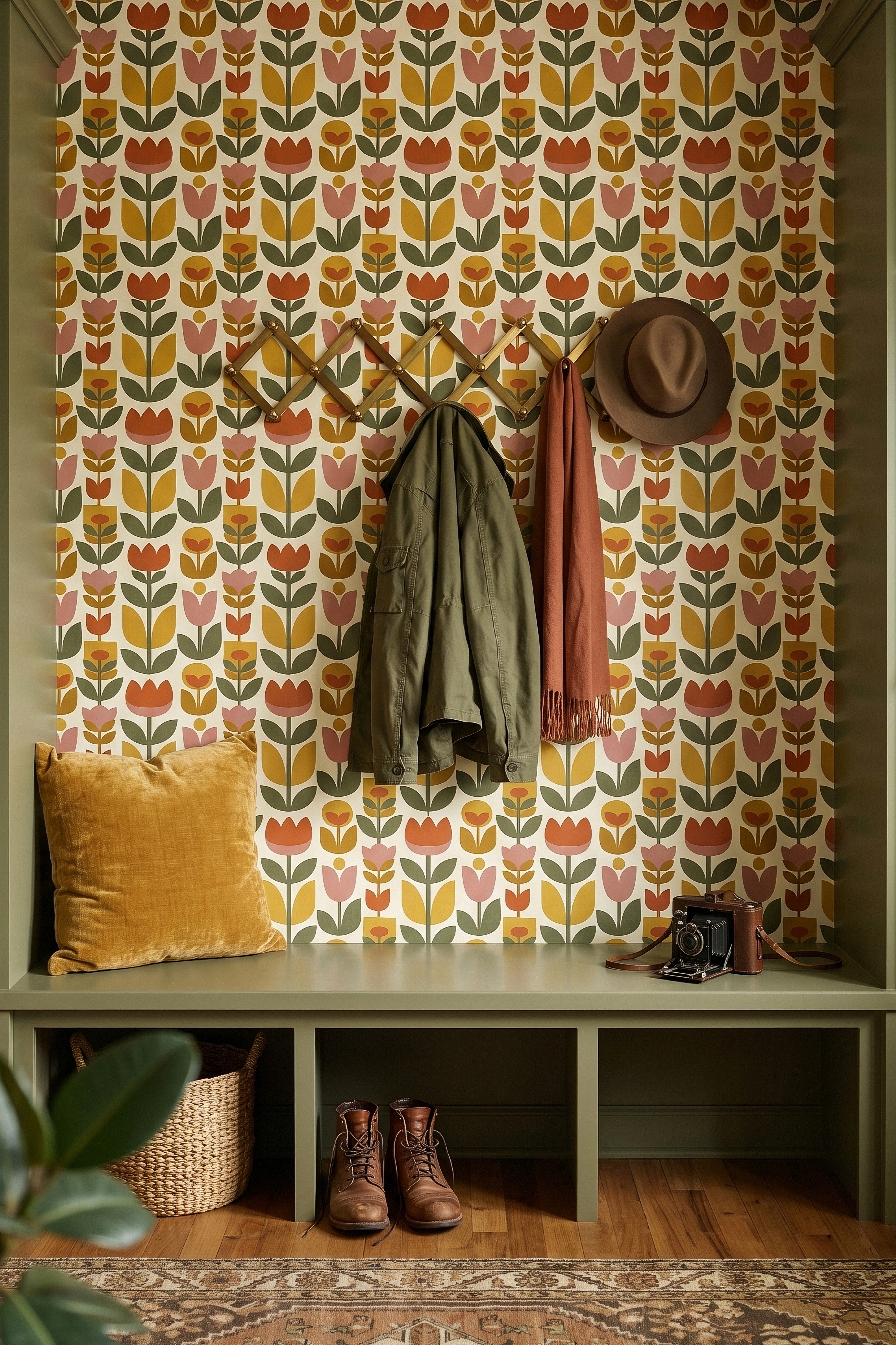 Amber Tulip wallpaper shown in a mudroom