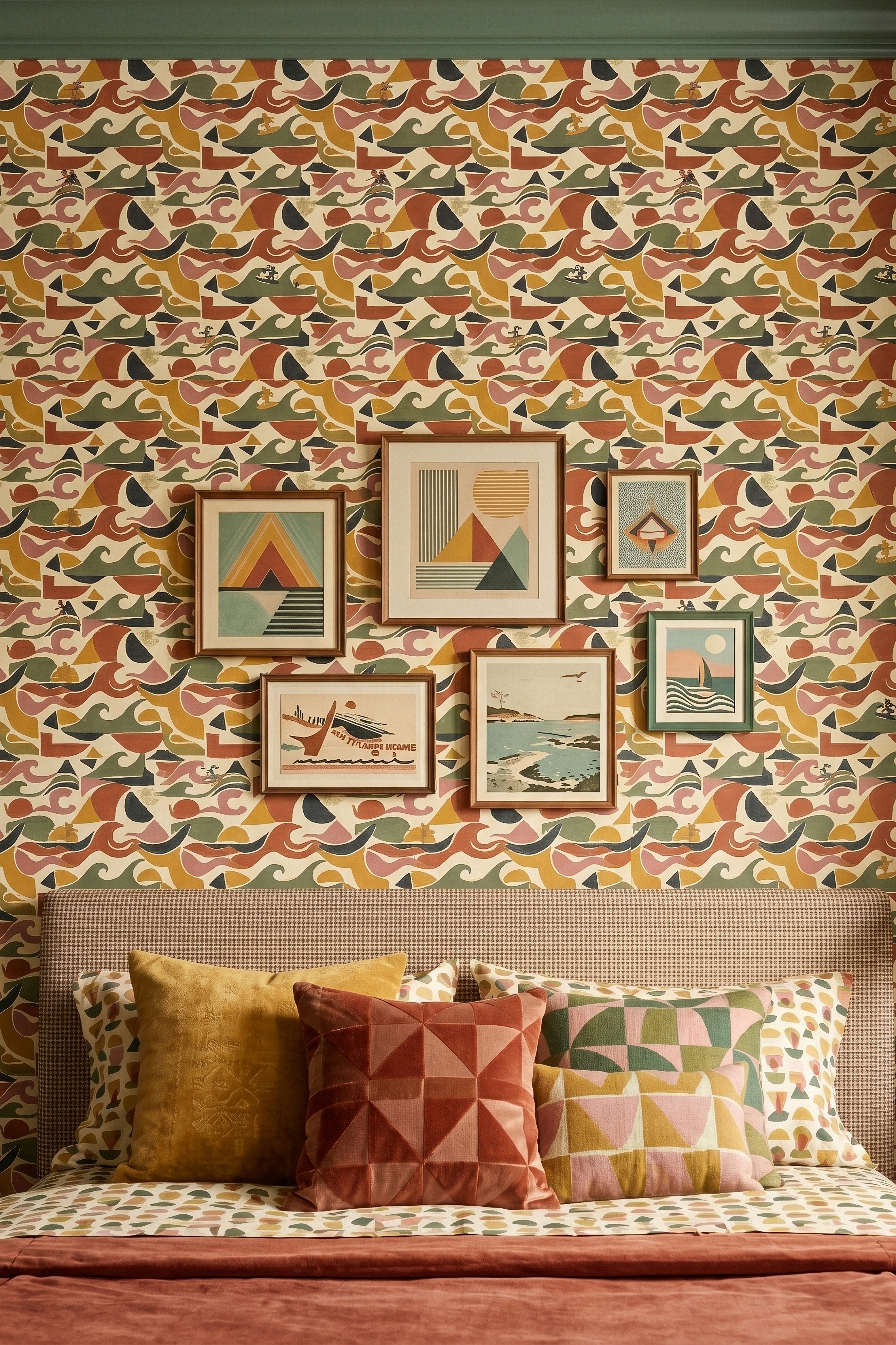Retro Swell wallpaper shown in a bedroom