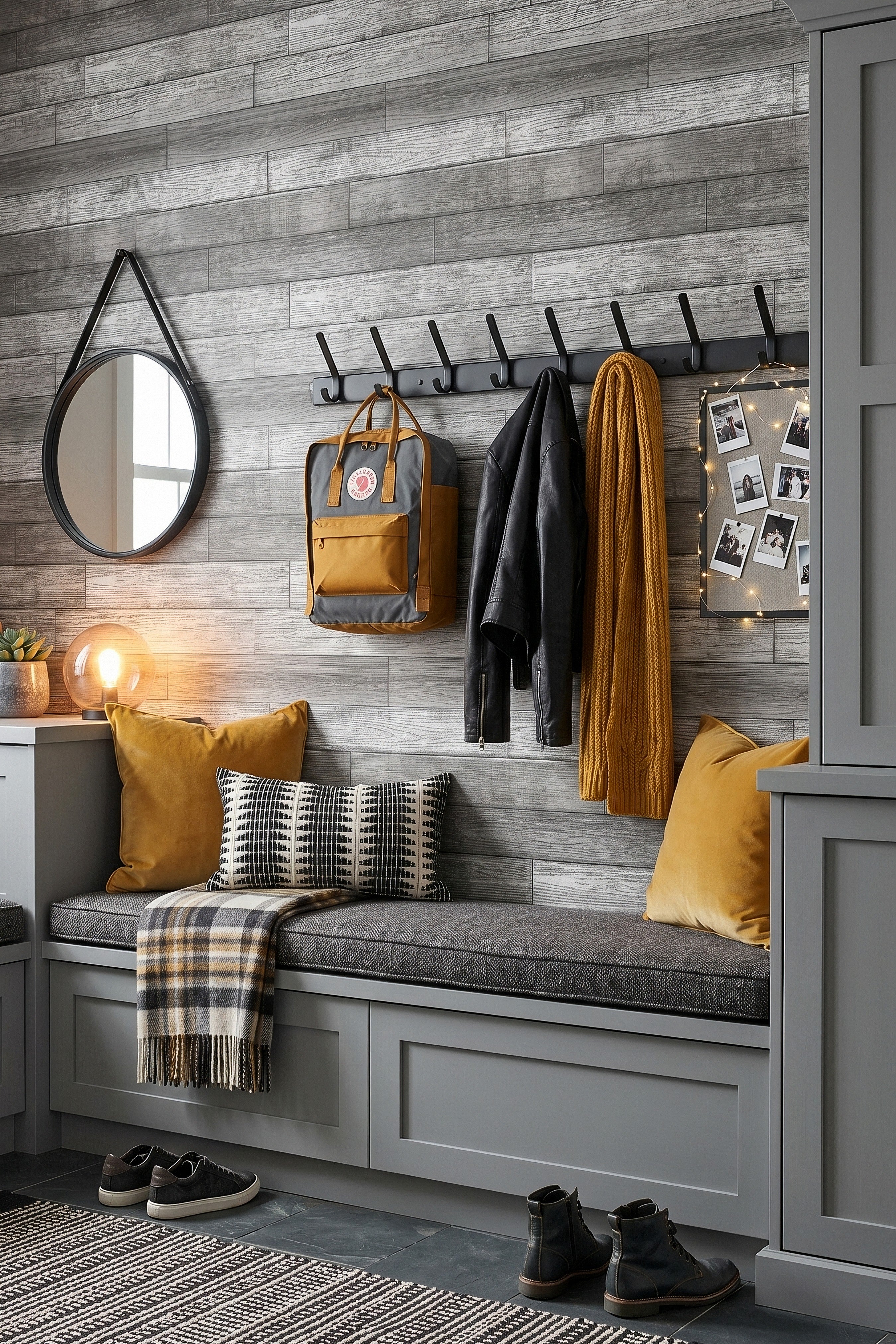 Shiplap wallpaper shown in a mudroom