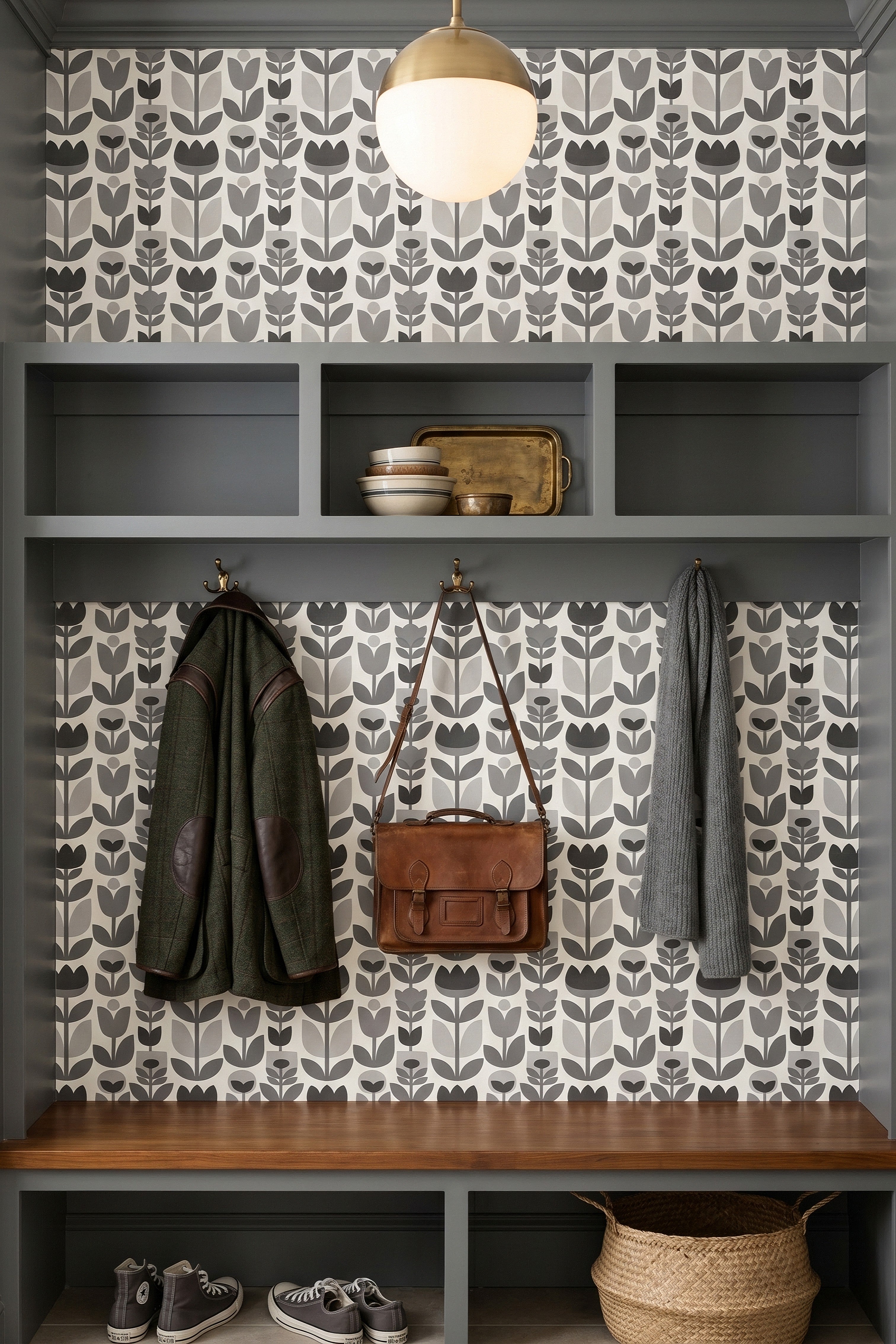 Tulip Noir wallpaper shown in a mudroom
