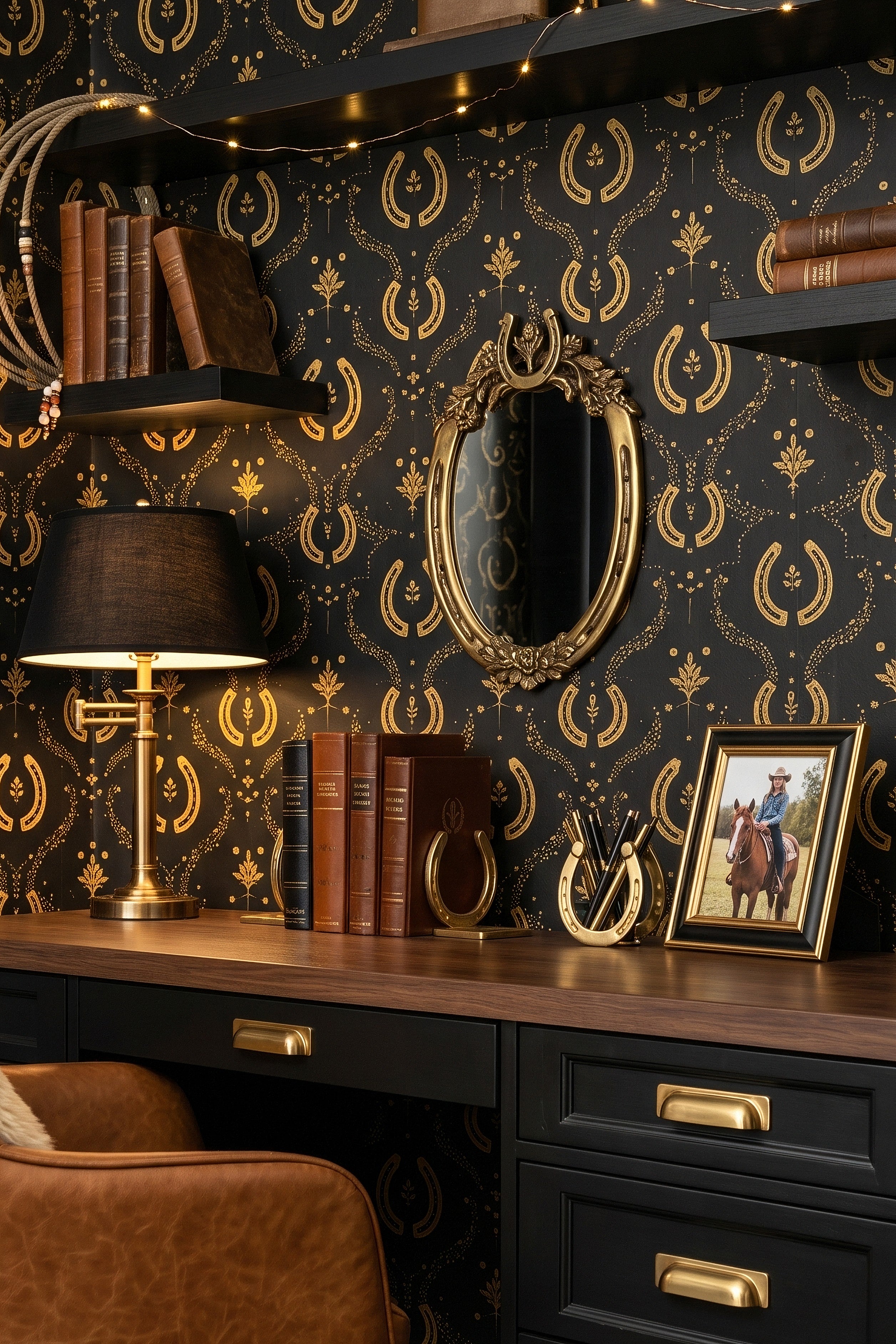 Gilded Rodeo wallpaper shown in a home office