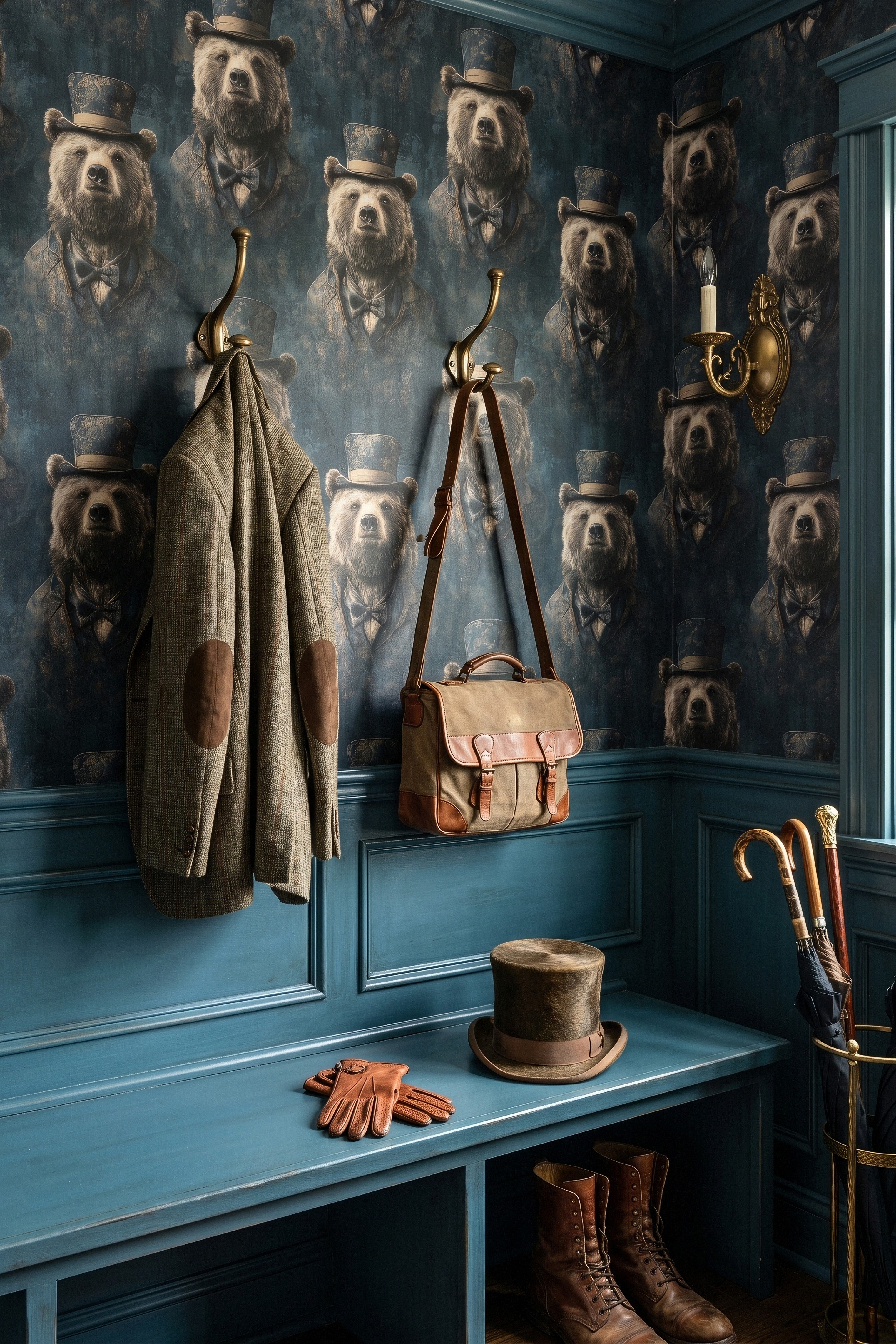 Dapper Bear wallpaper shown in a mudroom