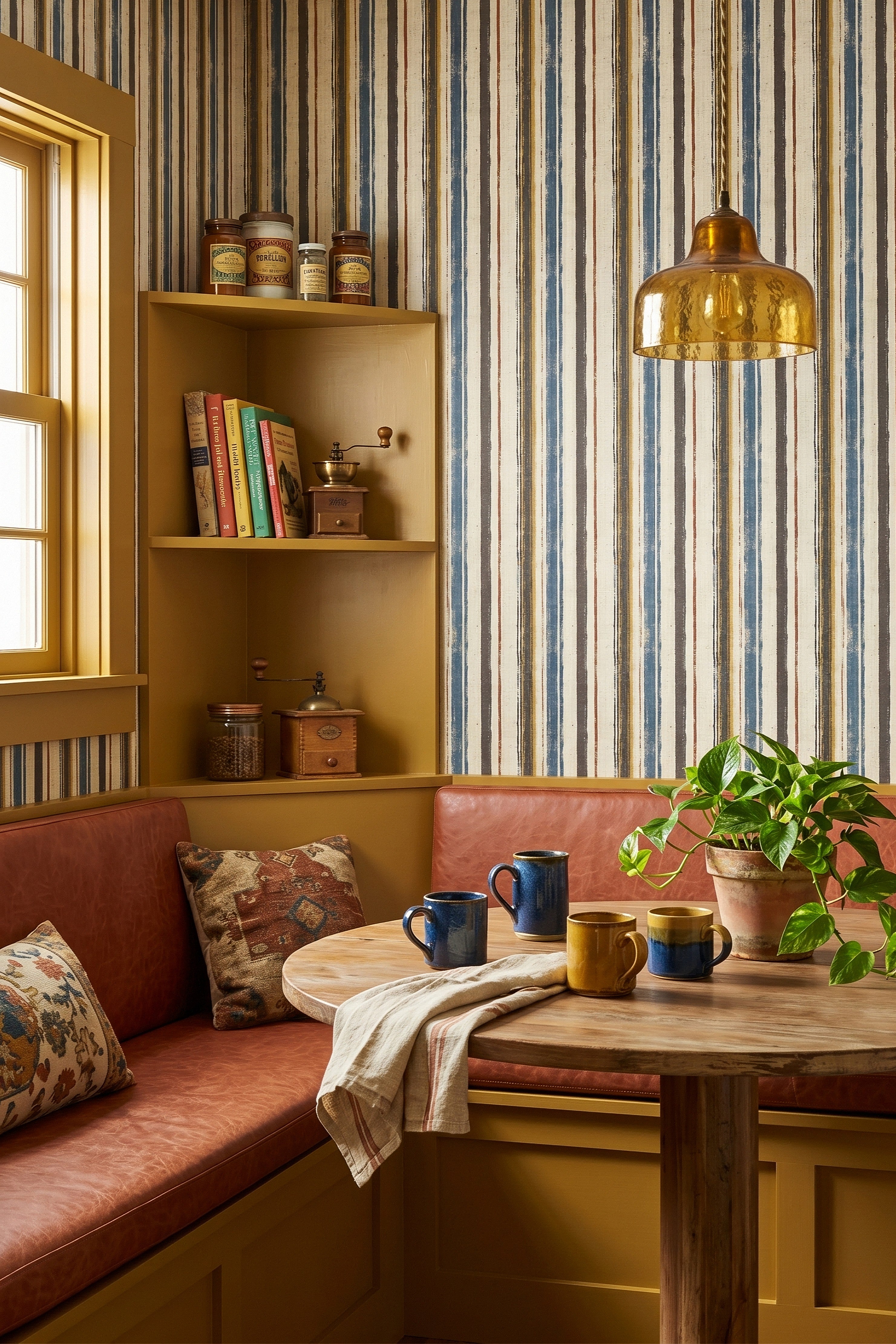 Bluebird Stripe wallpaper shown in a cozy nook