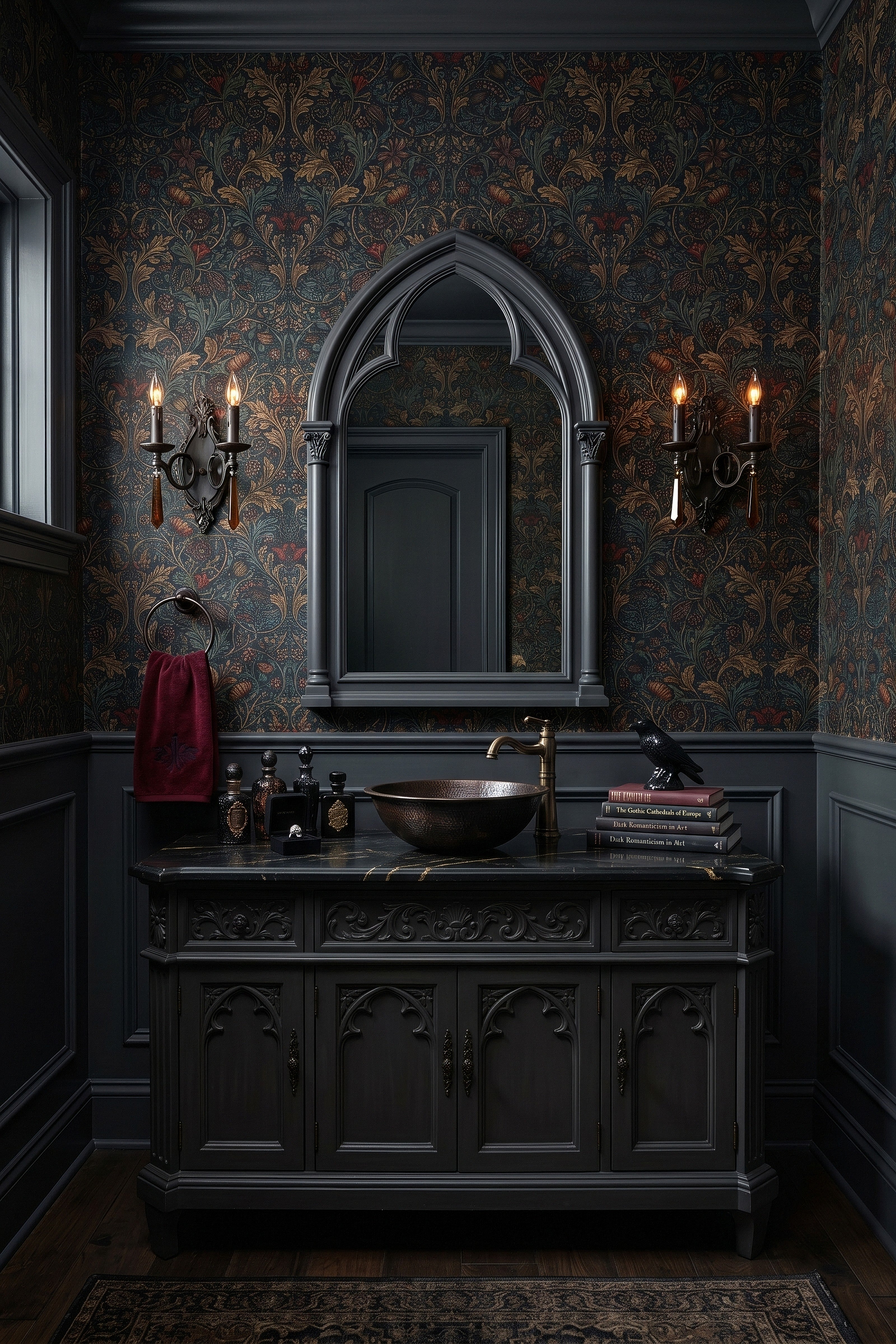 Morris Vineyard wallpaper shown in a powder room