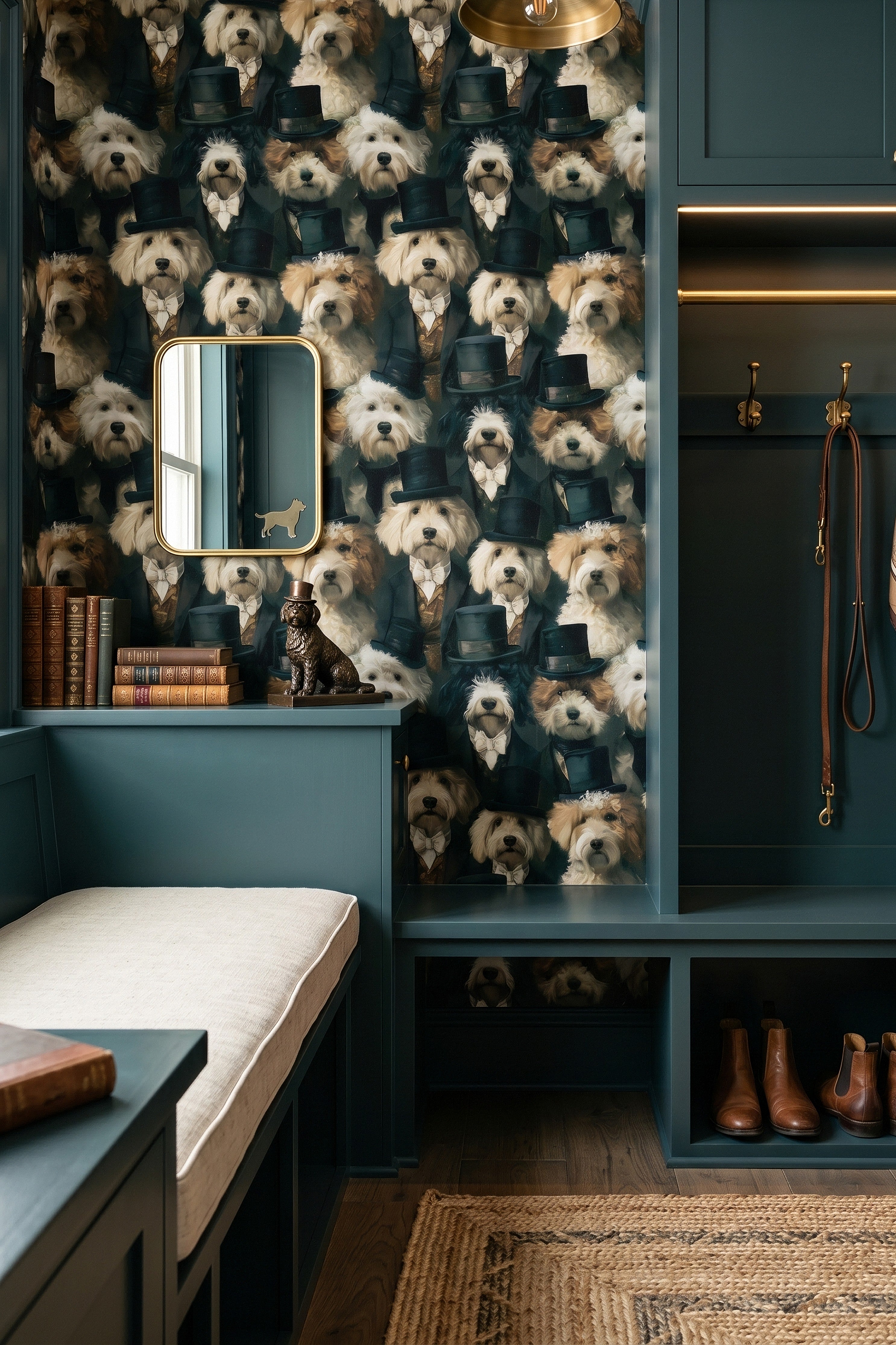 Dapper Dogs wallpaper shown in a mudroom