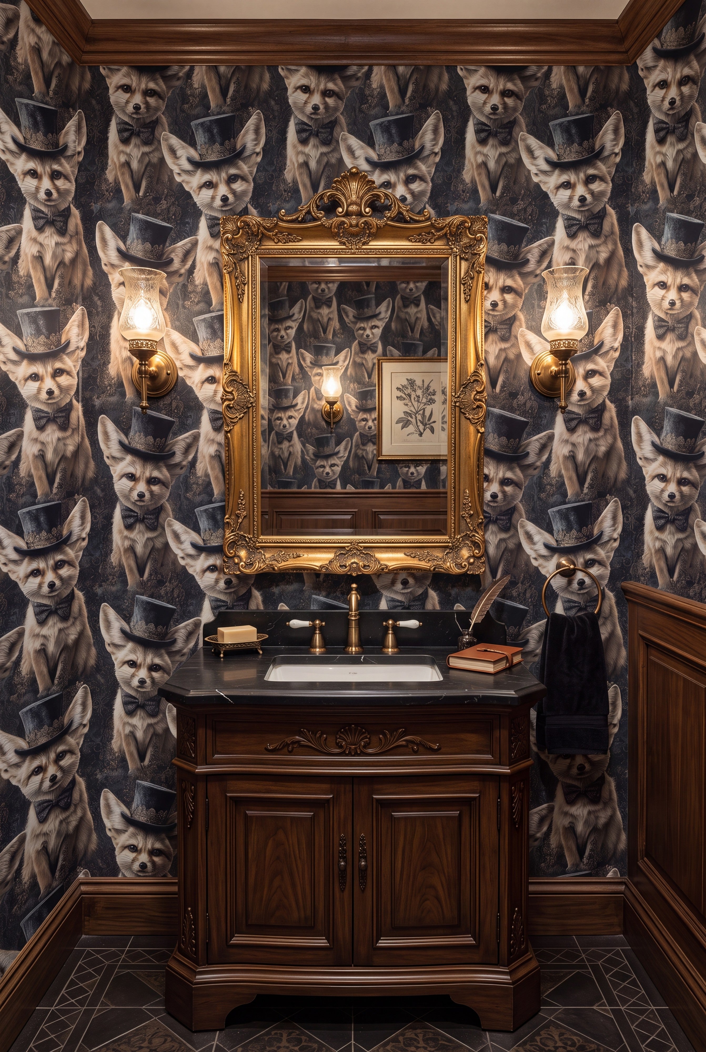 Desert Gentleman wallpaper shown in a powder room