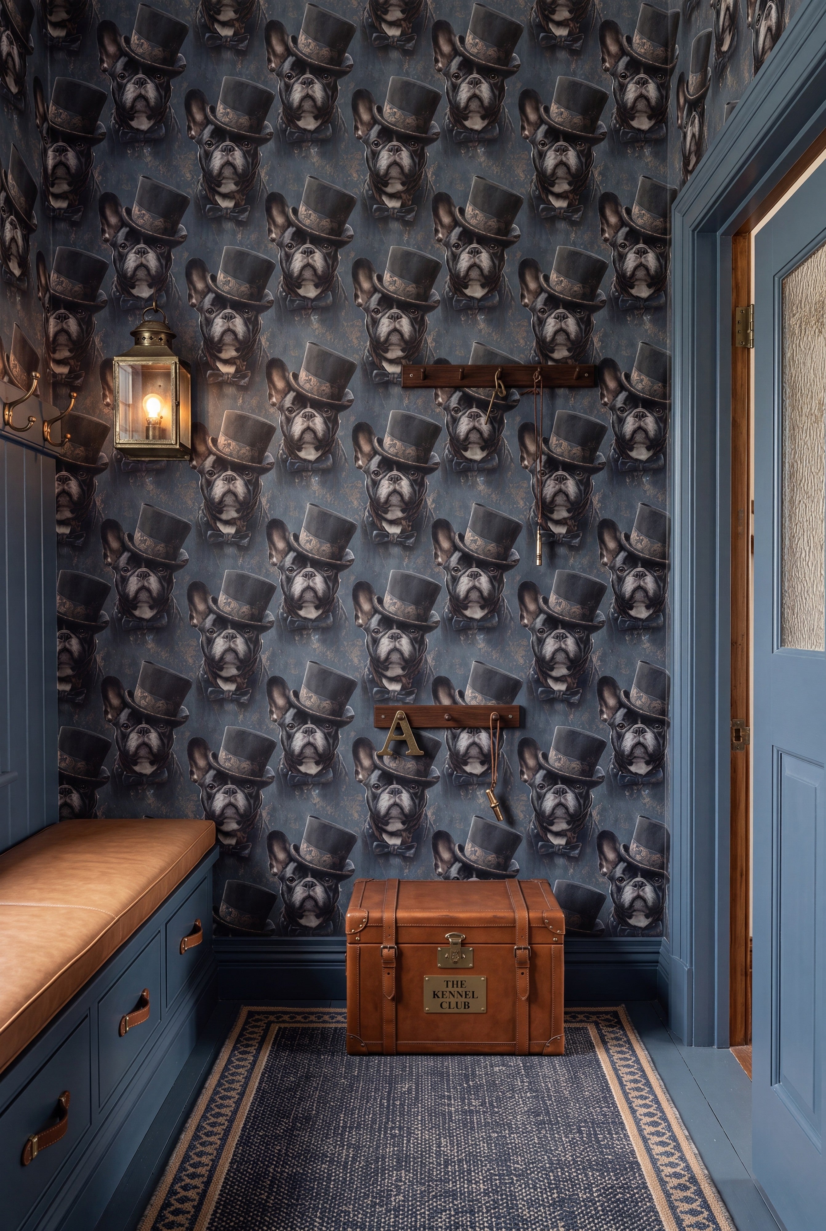 Monsieur Wrinkles wallpaper shown in a mudroom