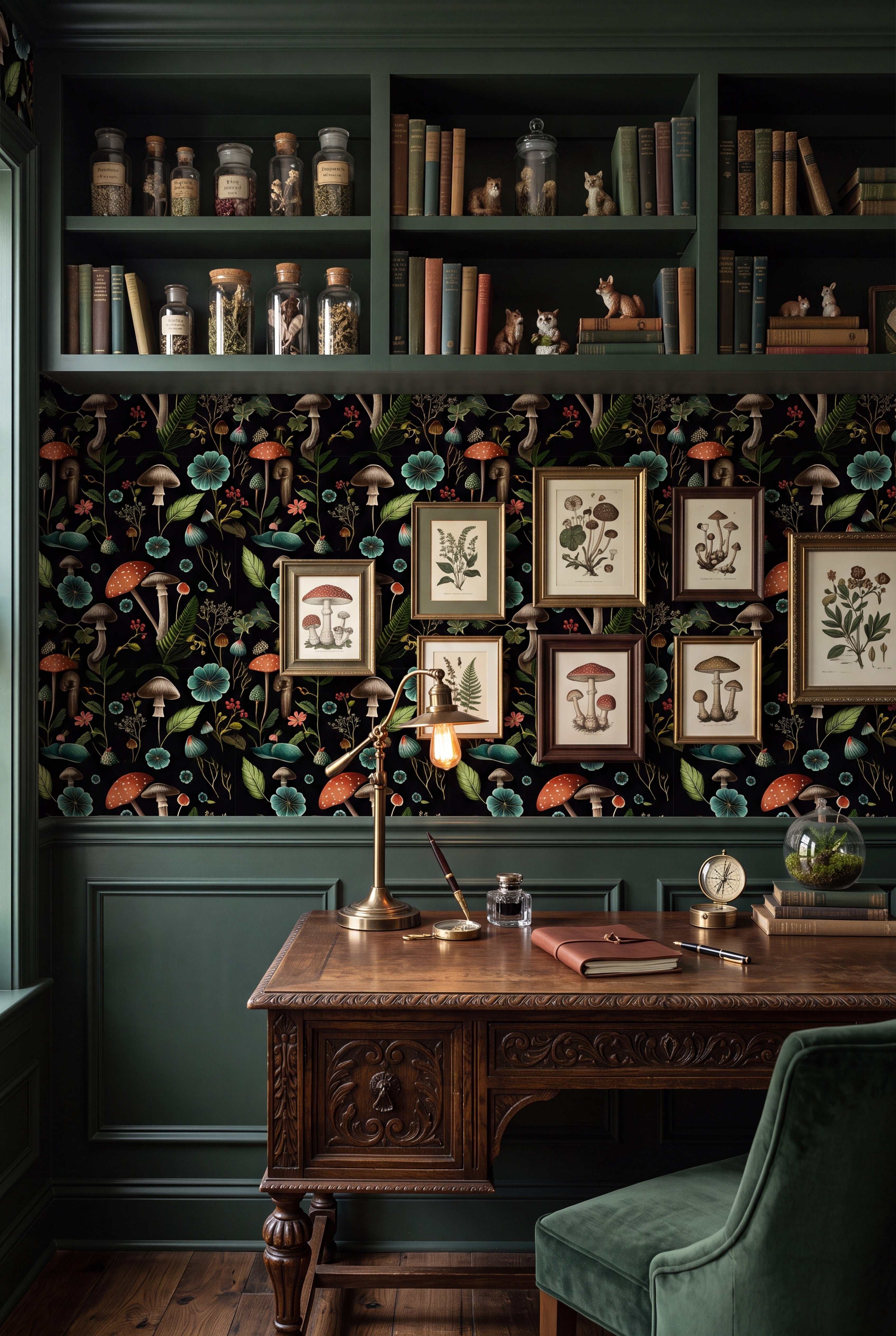 Mushroom Hollow wallpaper shown in a home office