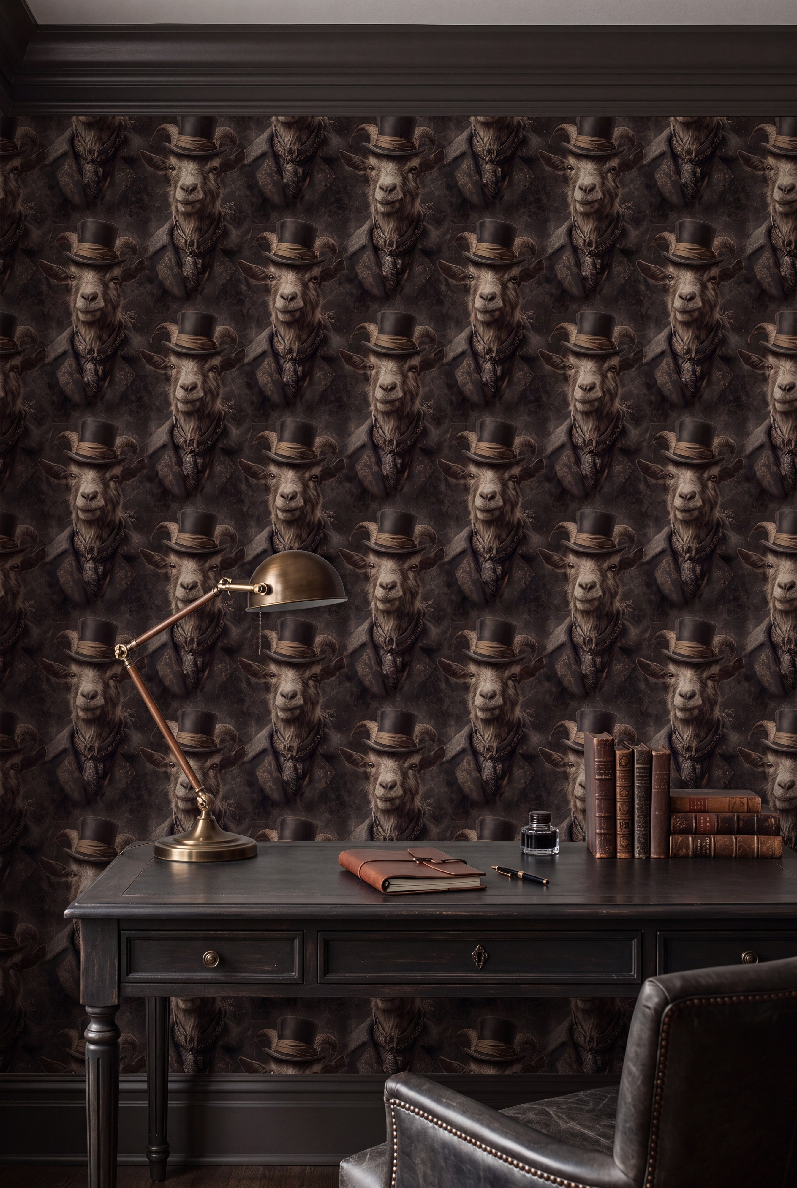 The Old Goat wallpaper shown in a home office