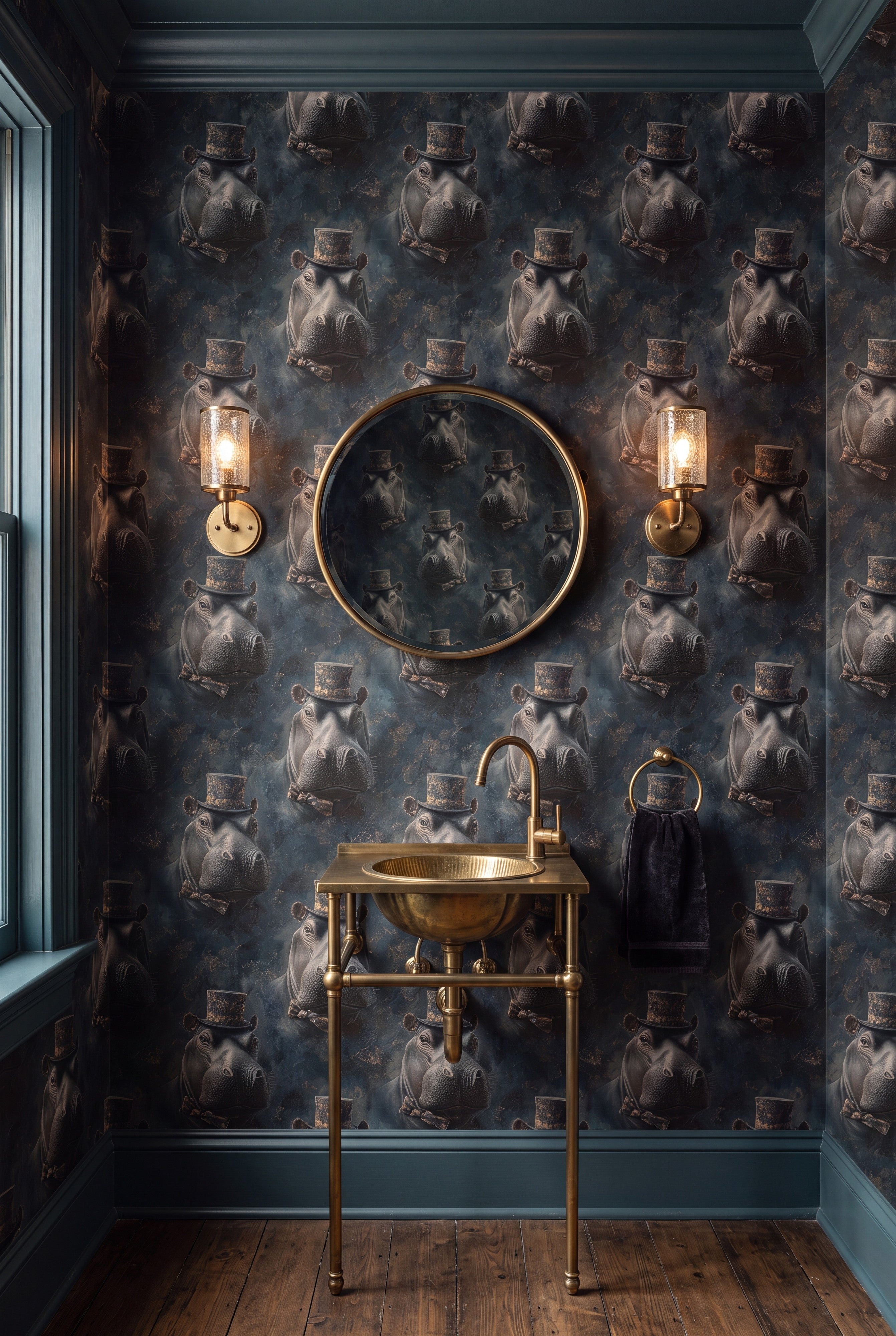 River Baron wallpaper shown in a powder room
