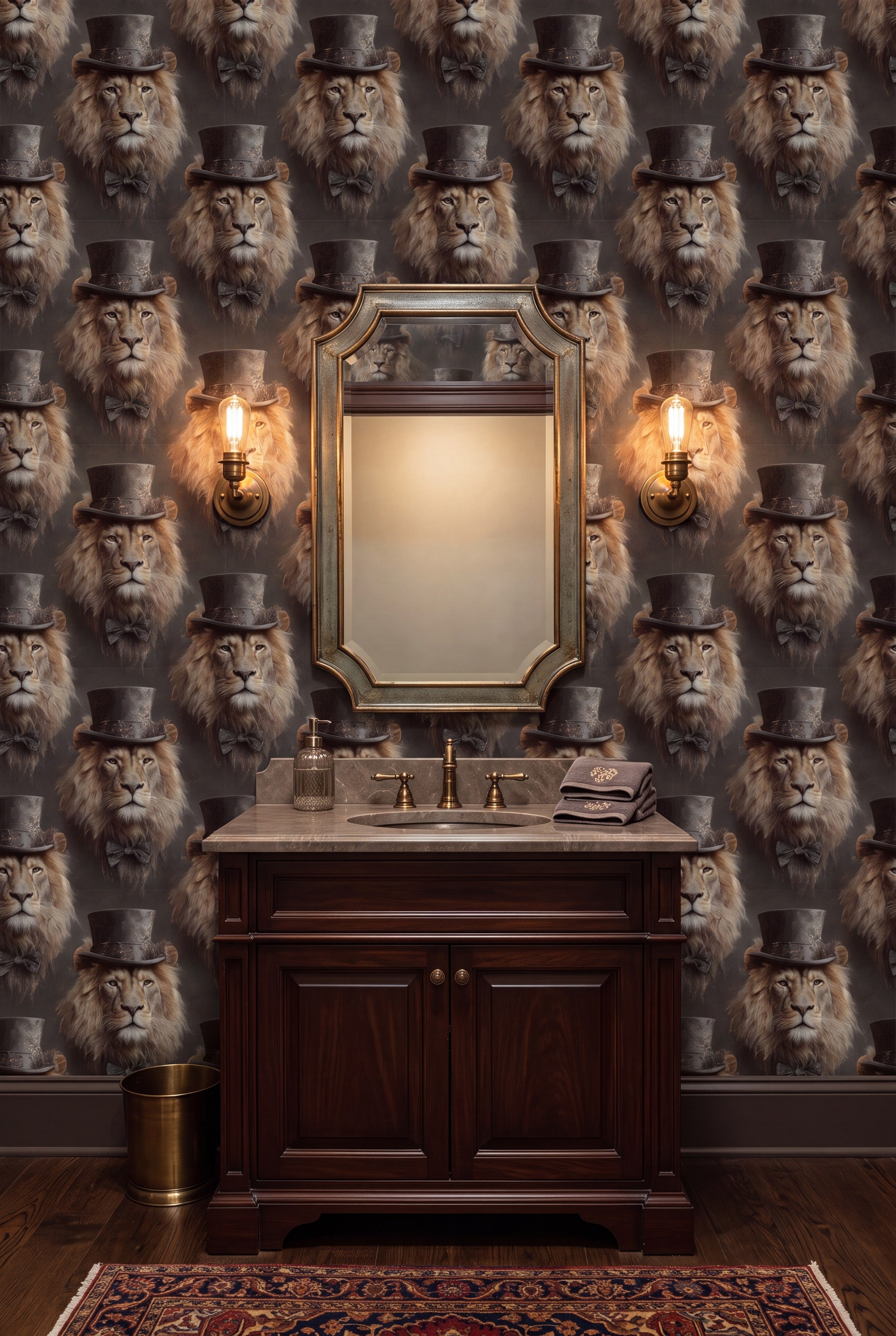 Golden Chairman wallpaper shown in a powder room