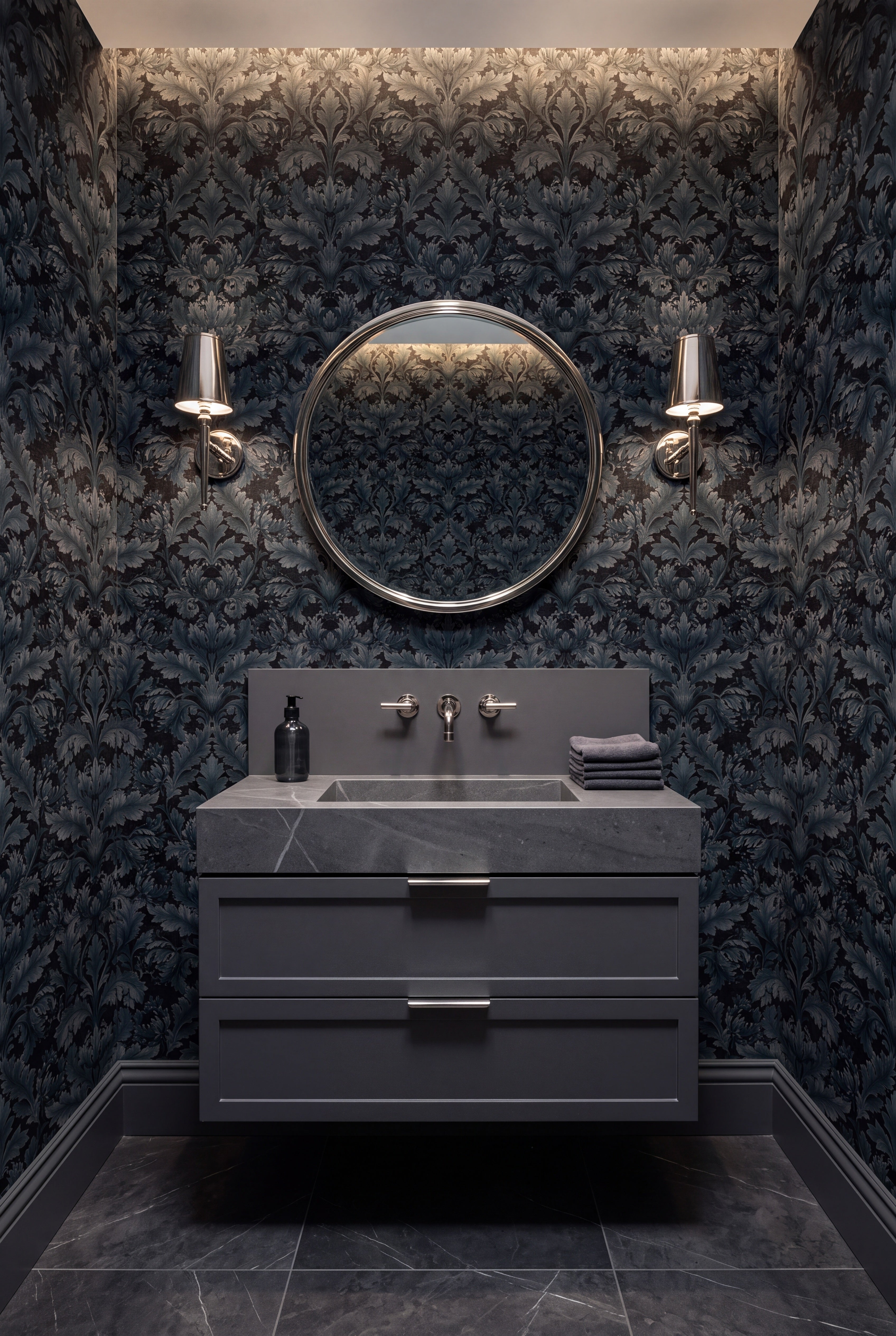 Slate Acanthus wallpaper shown in a powder room