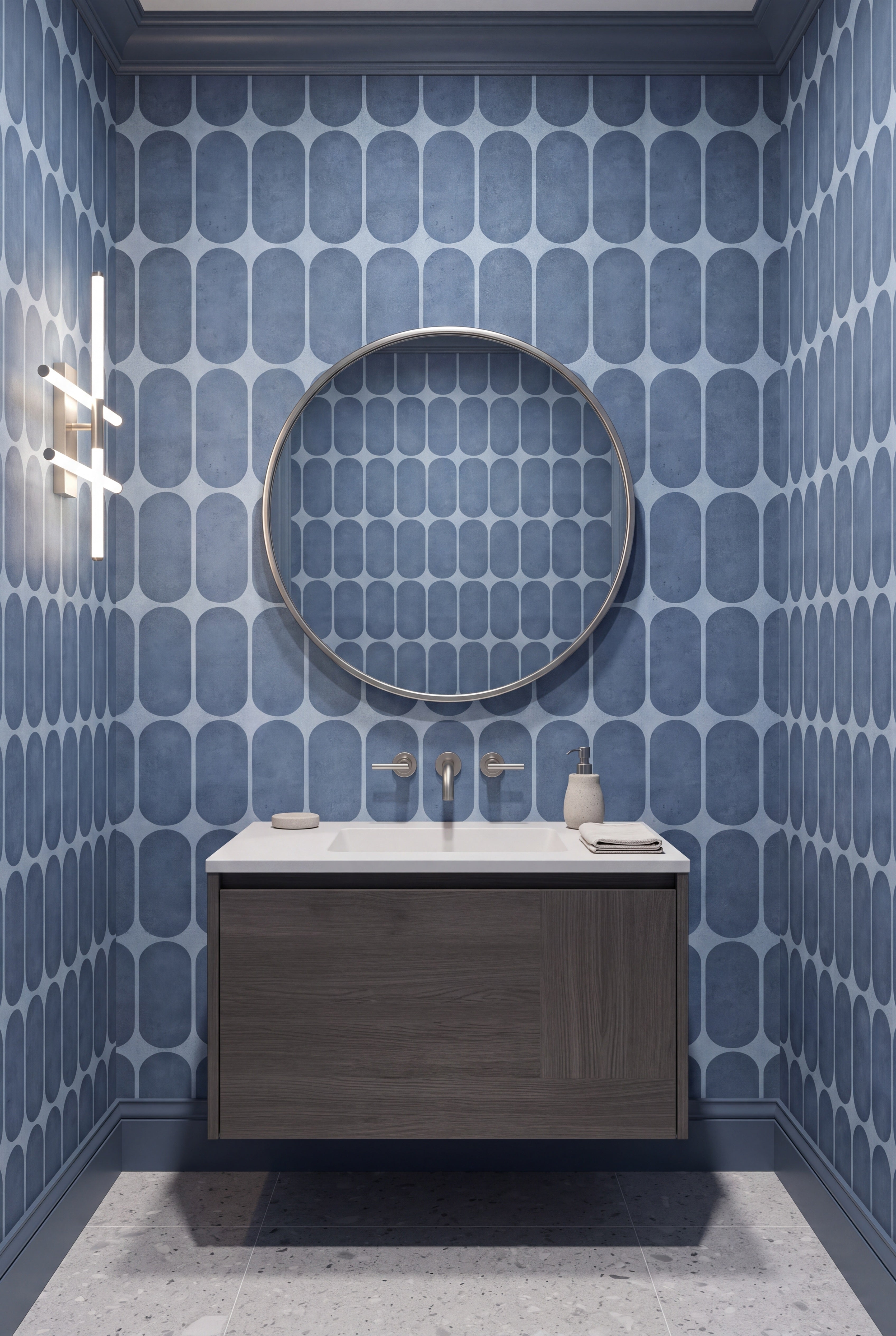 Slate Arcade wallpaper shown in a powder room