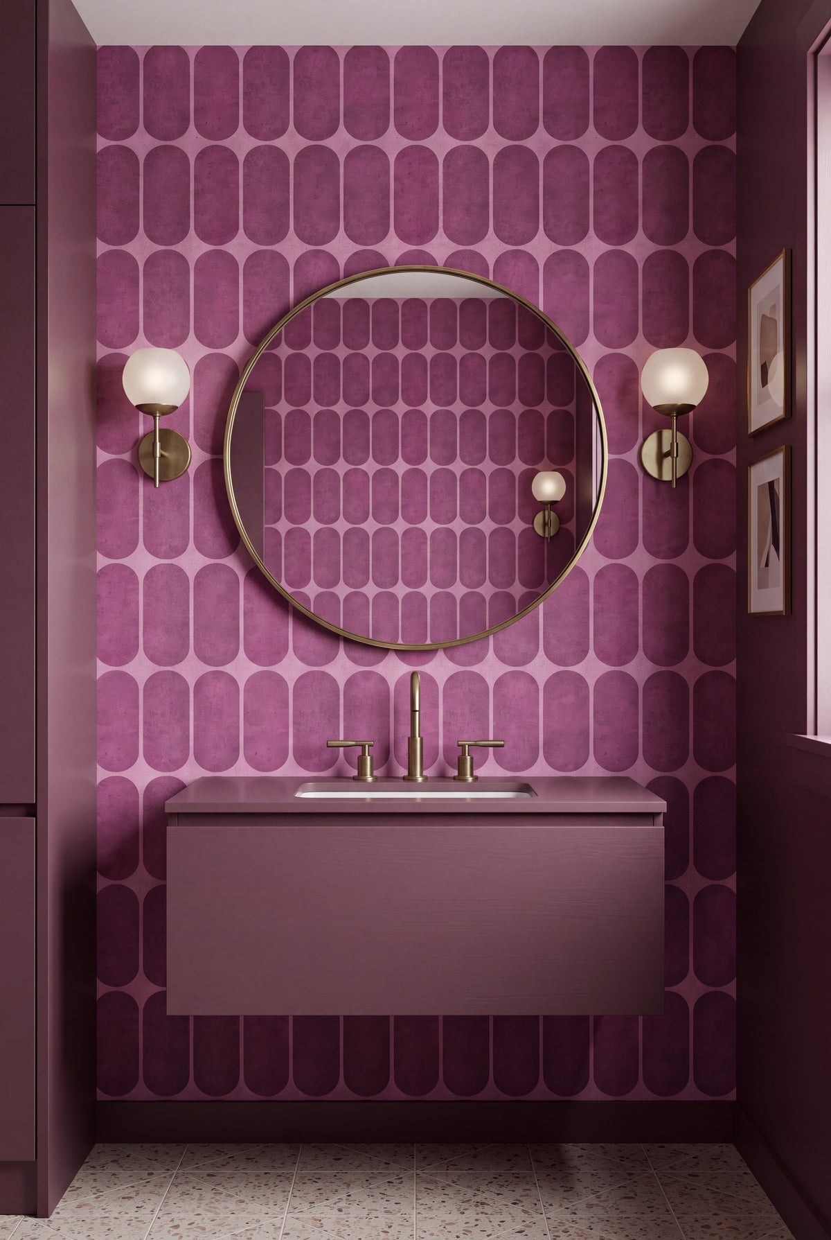 Orchid Arcade wallpaper shown in a powder room