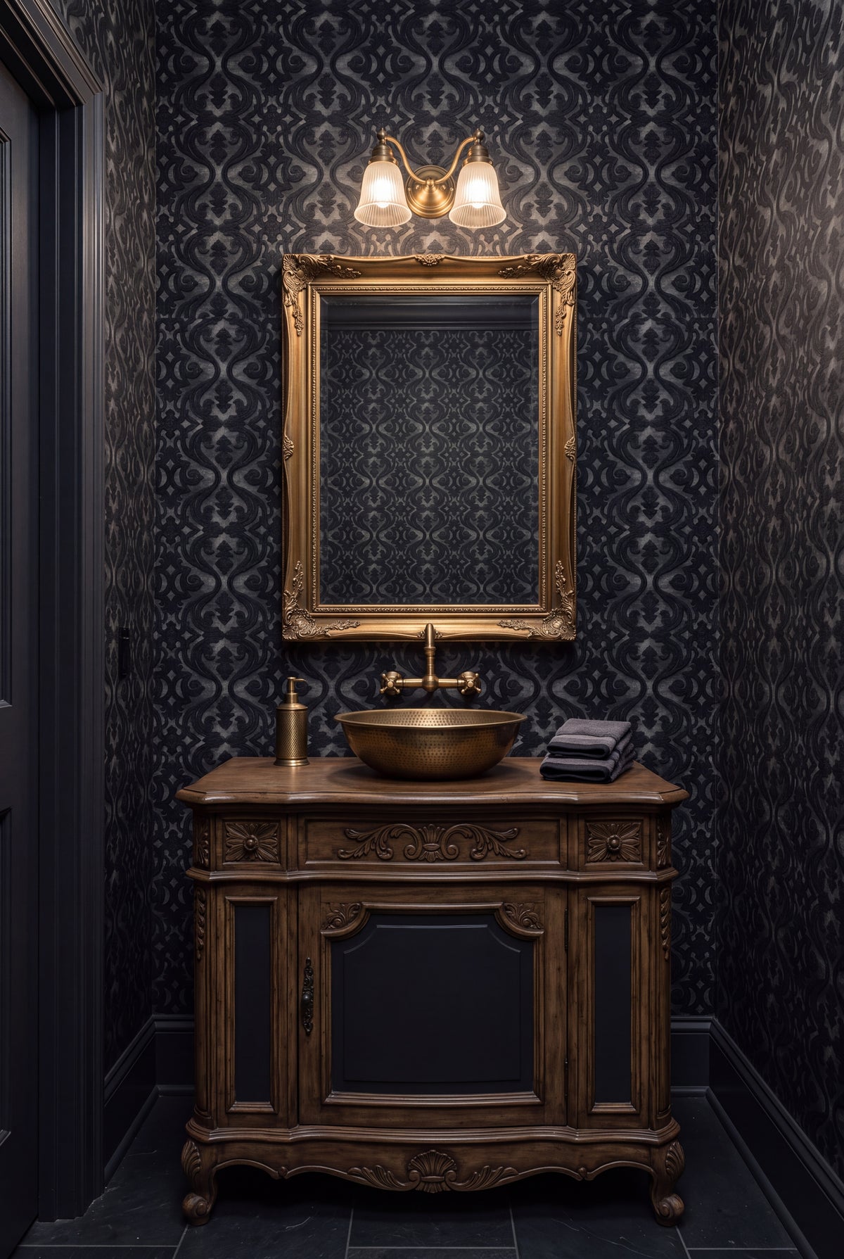 Onyx Scroll wallpaper shown in a powder room