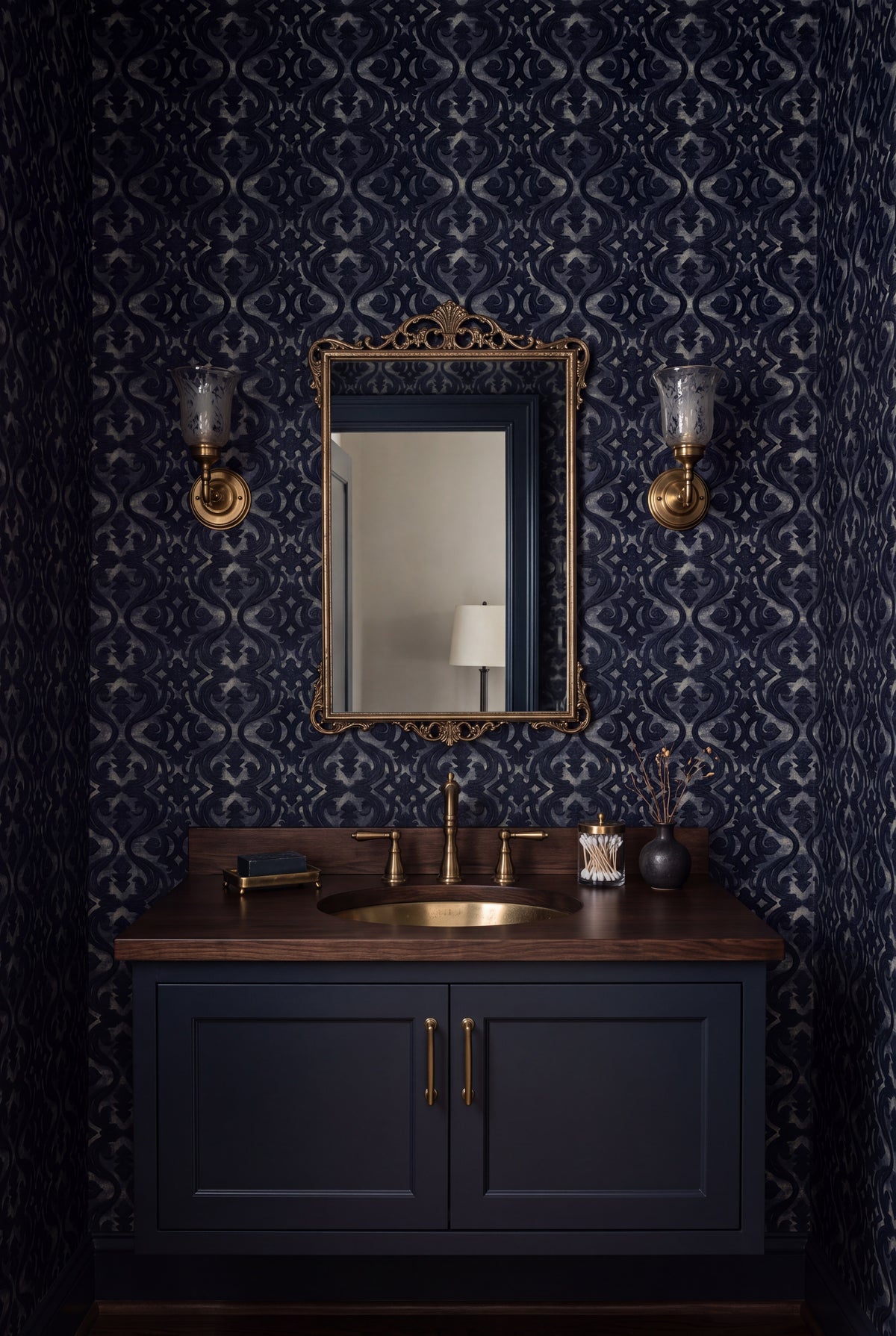 Ink Scroll wallpaper shown in a powder room