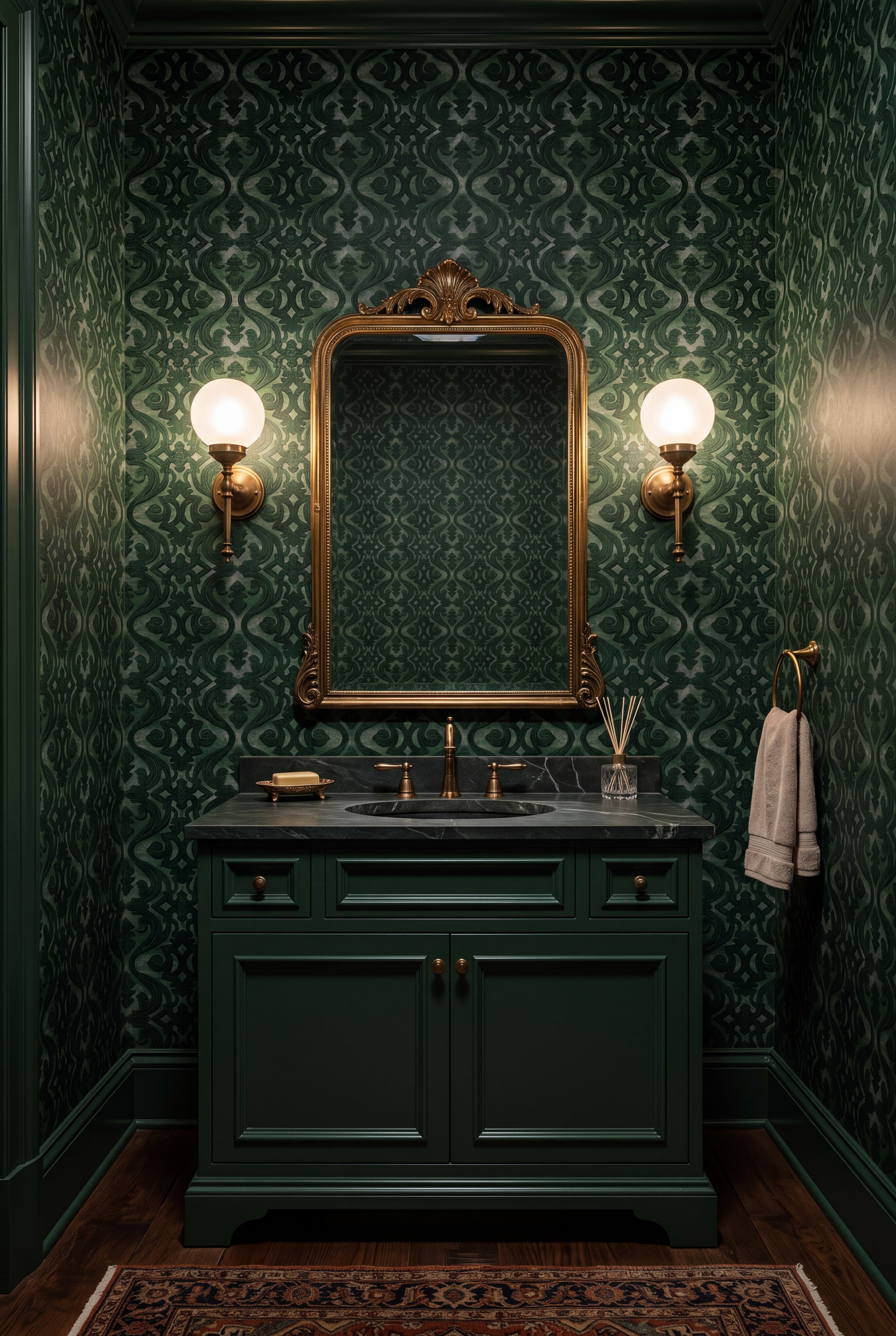 Pine Scroll wallpaper shown in a powder room
