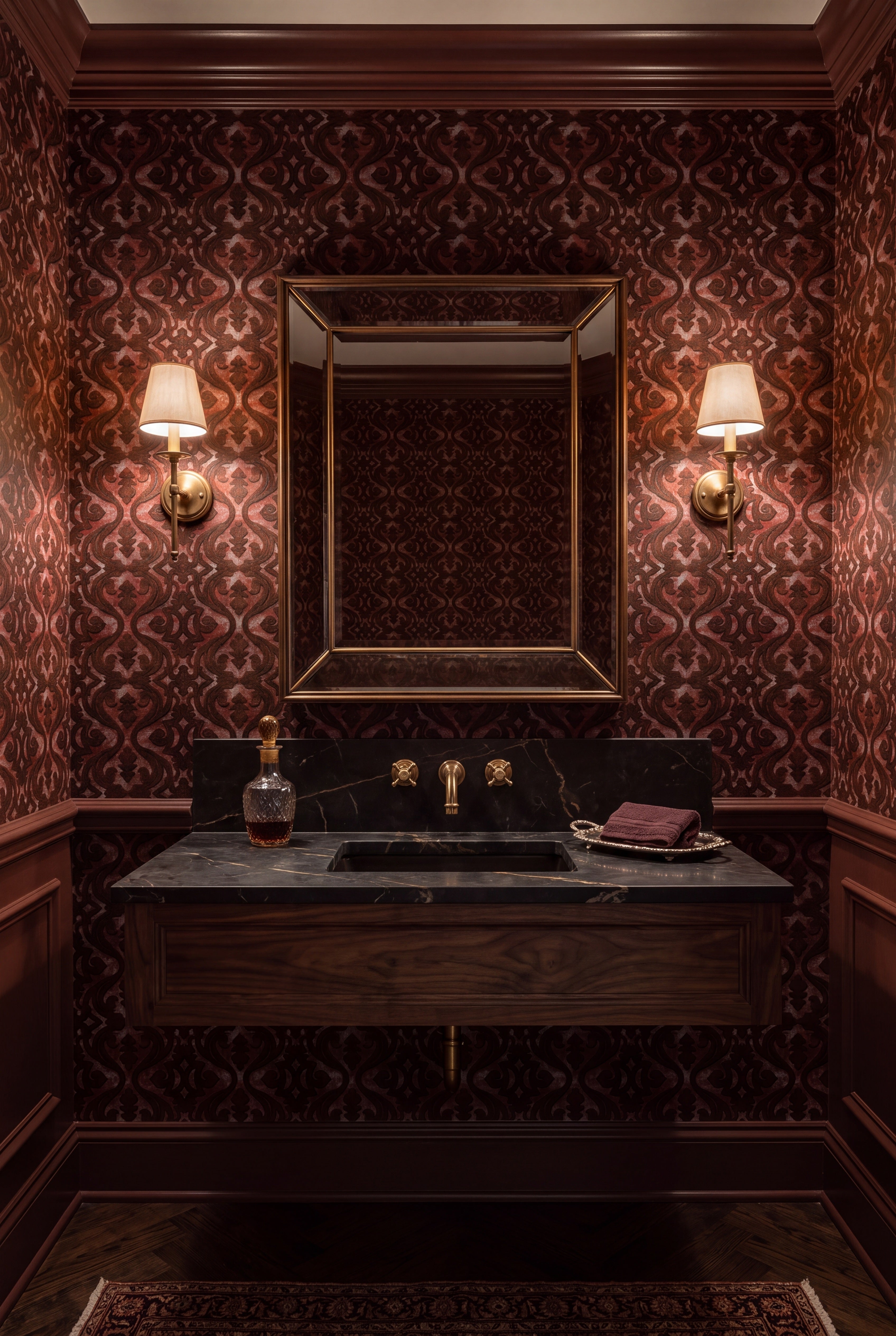 Garnet Scroll wallpaper shown in a powder room