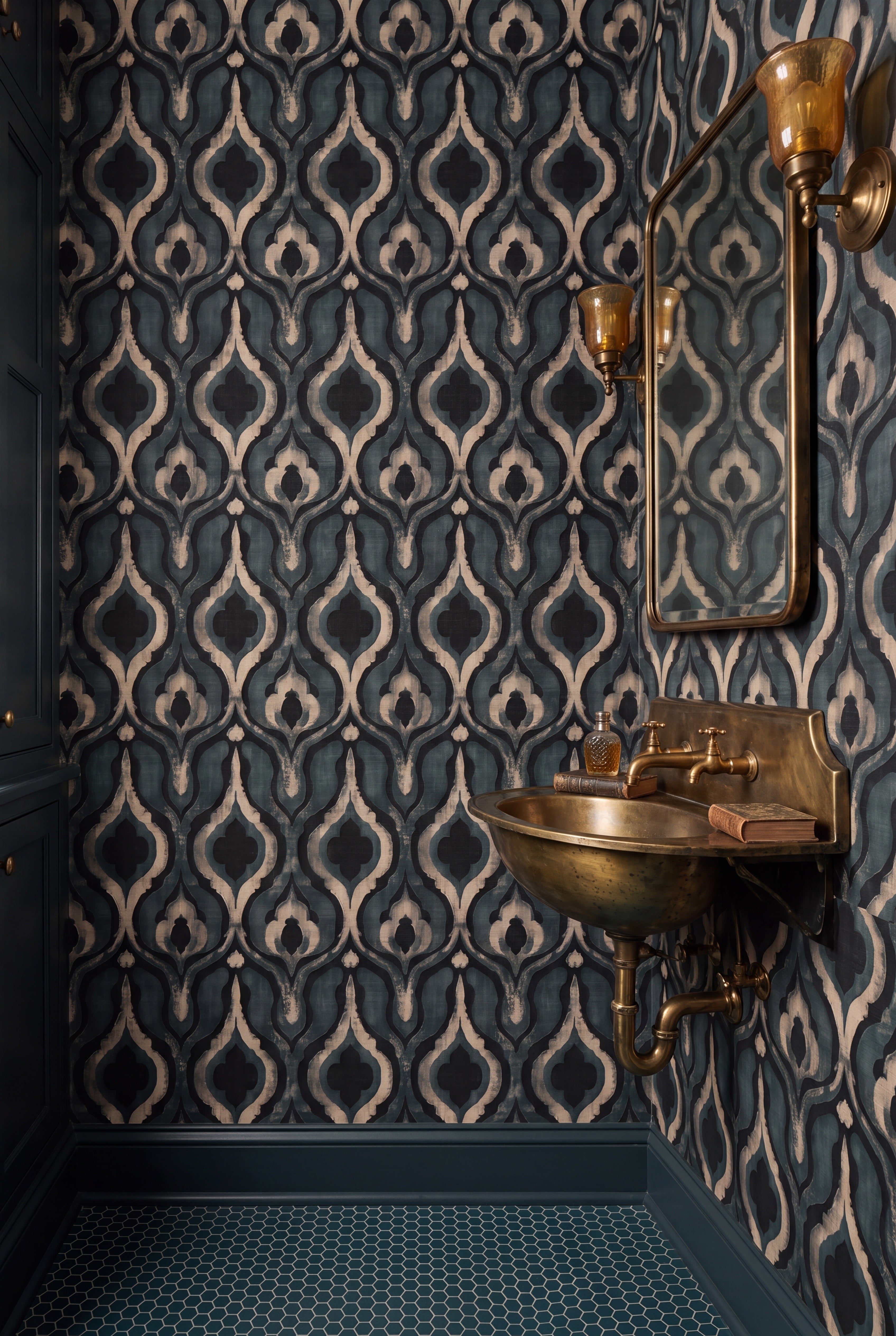 Harbor Lantern wallpaper shown in a powder room