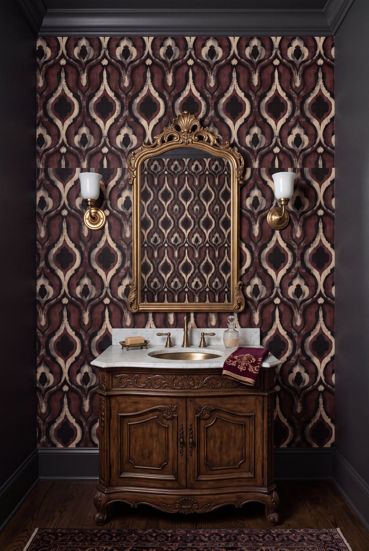 Plum Lantern wallpaper shown in a powder room