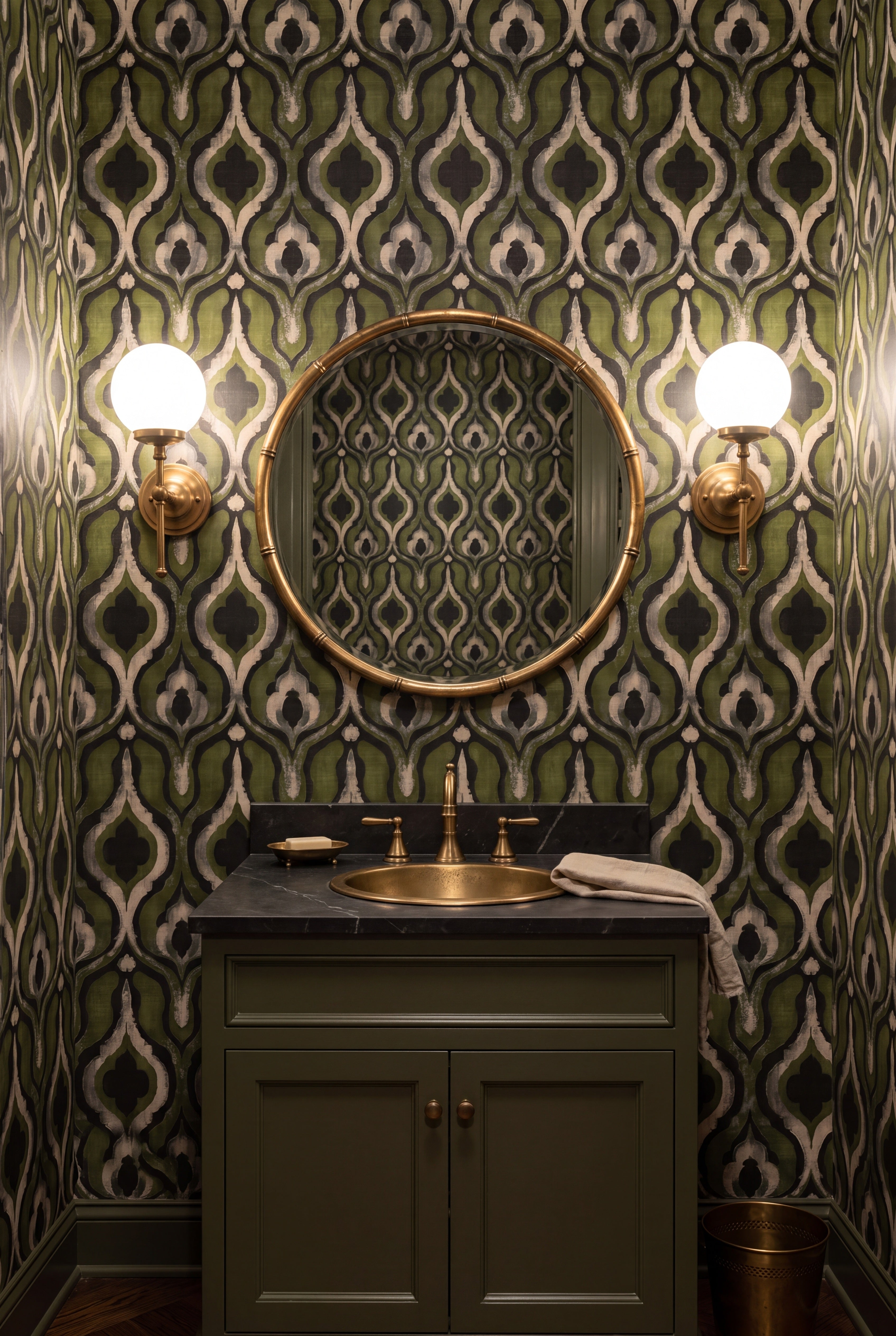Moss Lantern wallpaper shown in a powder room