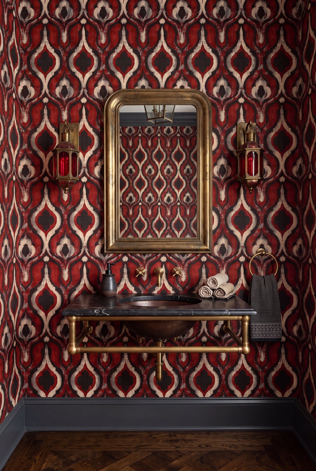 Crimson Lantern wallpaper shown in a powder room