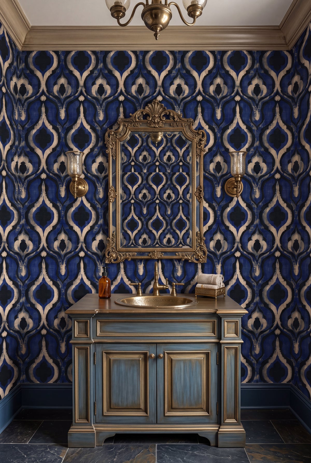Cobalt Lantern wallpaper shown in a powder room