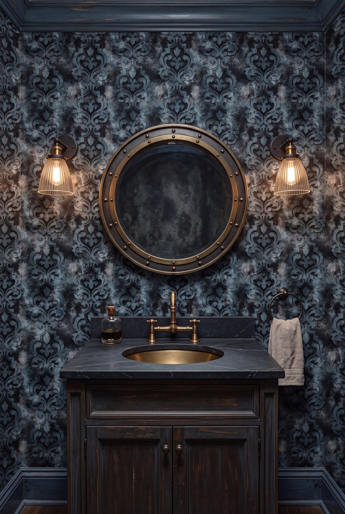 Storm Relic wallpaper shown in a powder room