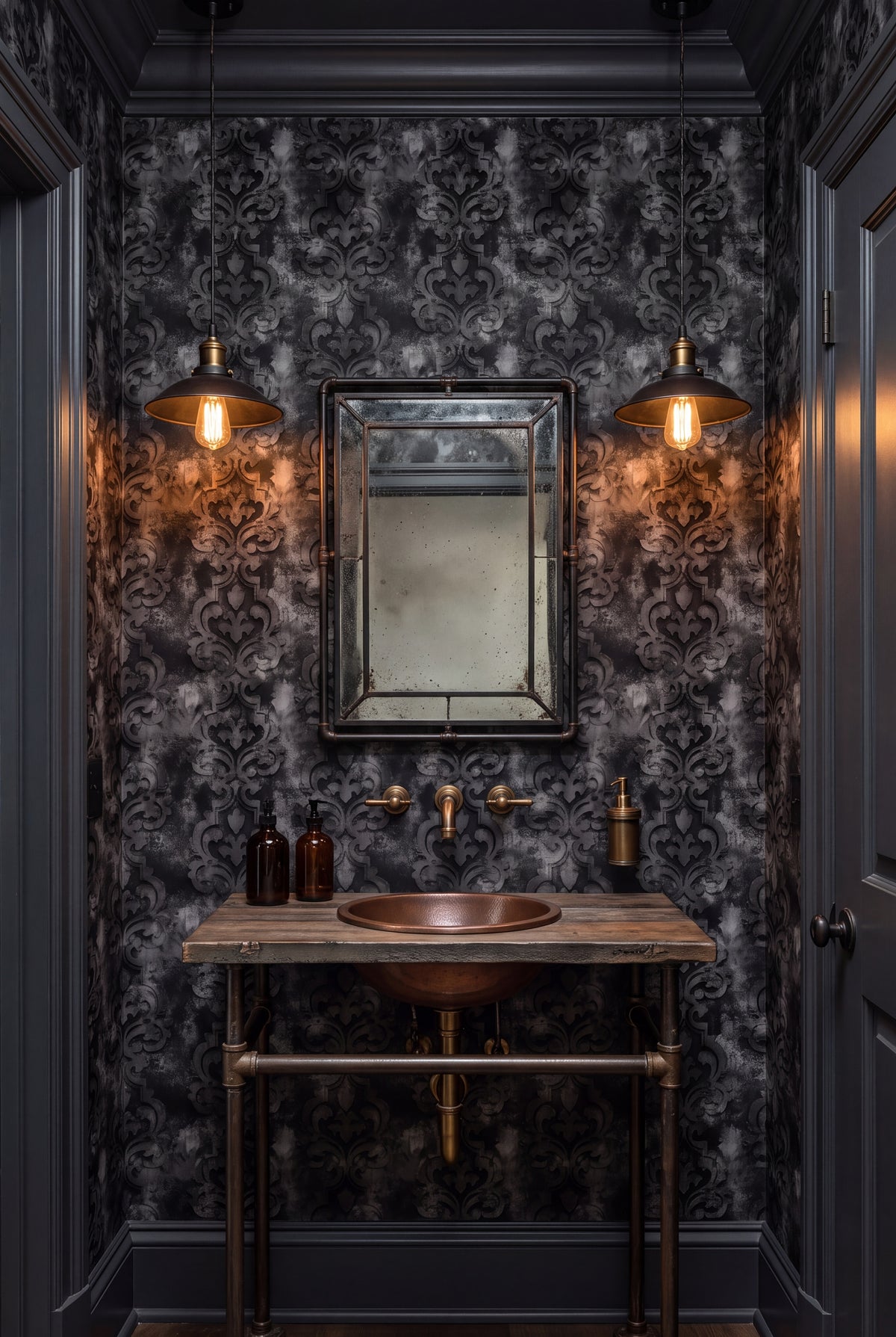 Pewter Relic wallpaper shown in a powder room