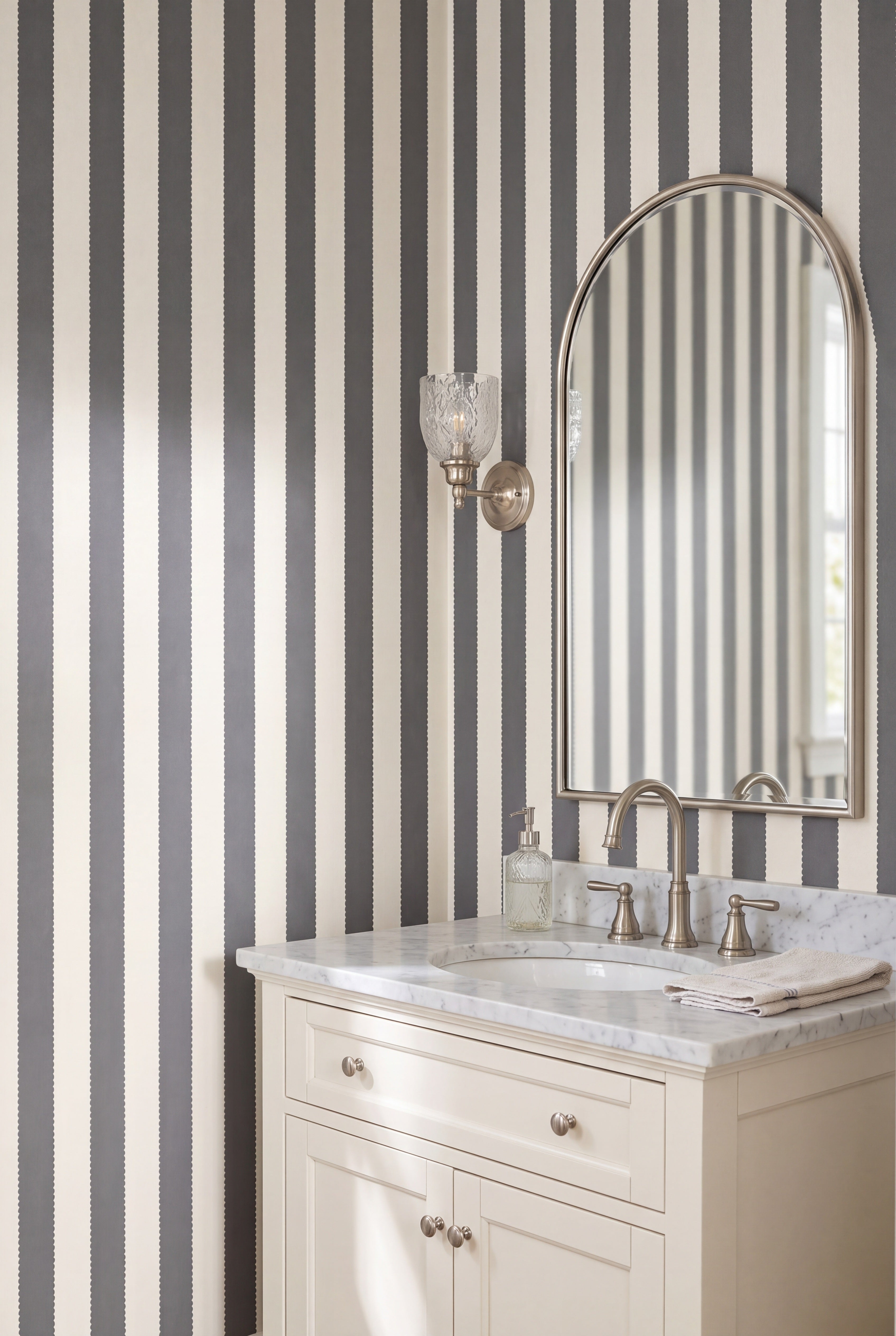 Charcoal Ribbon wallpaper shown in a powder room