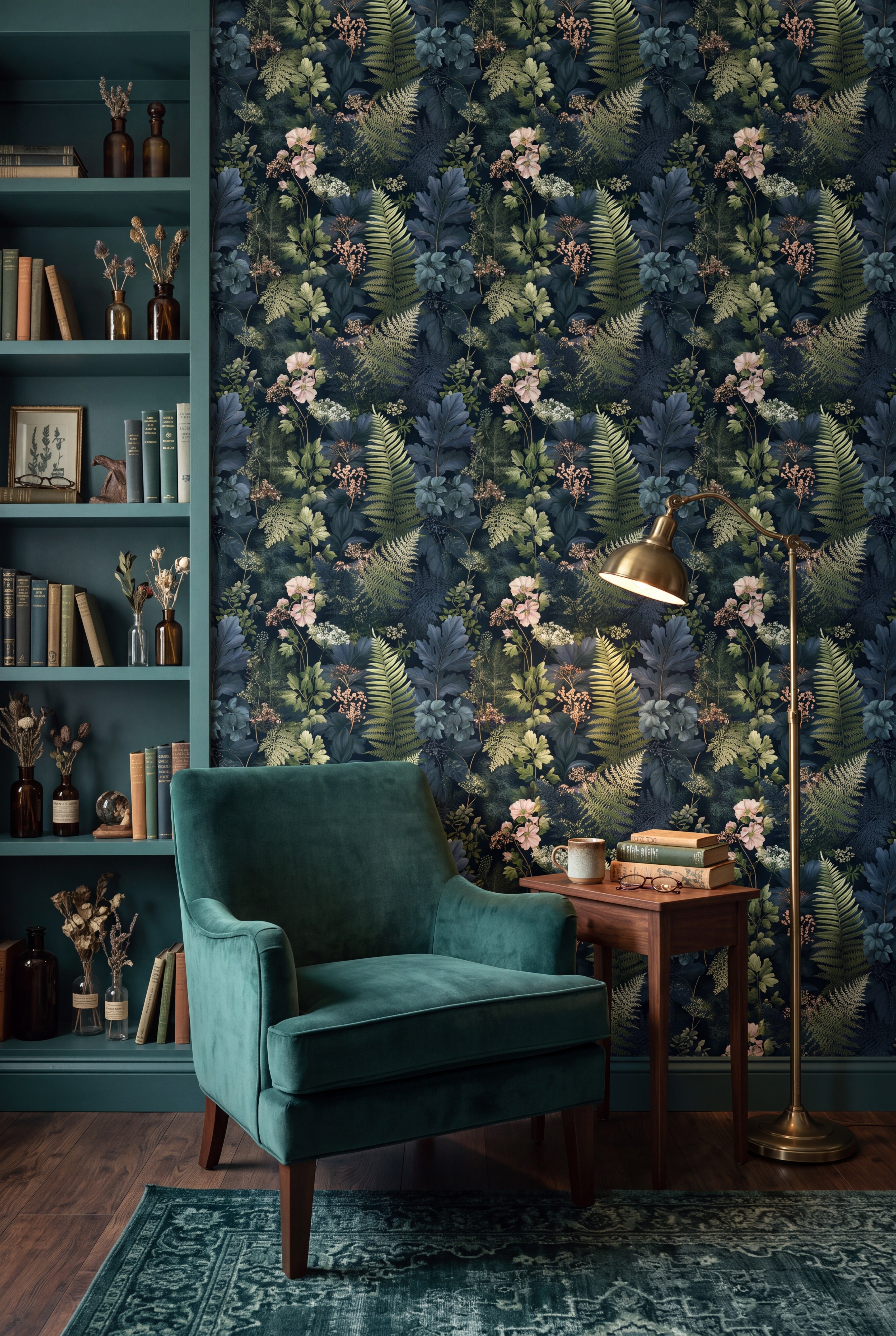 Evening Fernery wallpaper shown in a reading nook