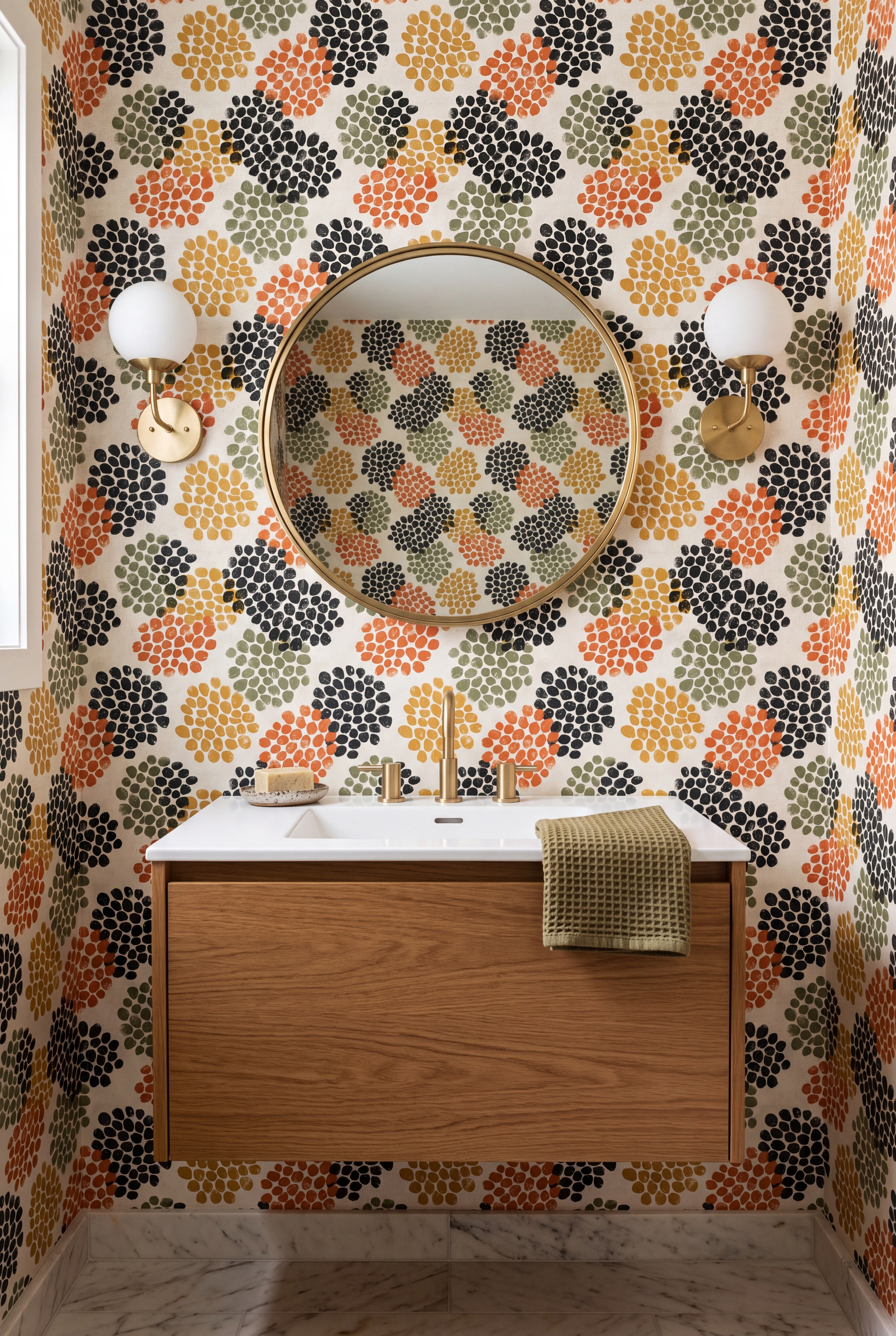 Seedpod wallpaper shown in a powder room