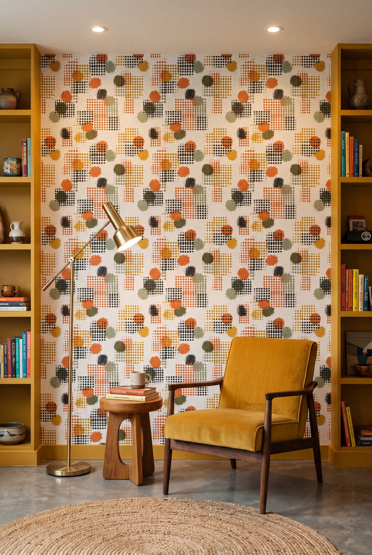 Confetti Grid wallpaper shown in a reading nook