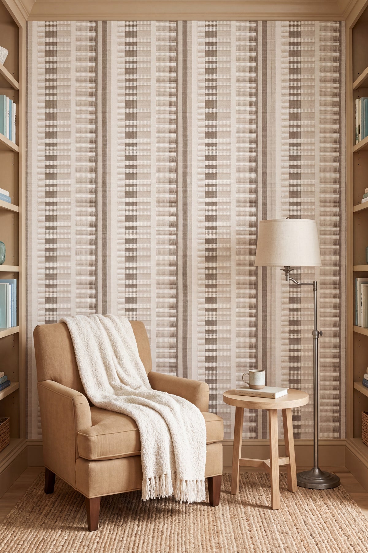 Linen Weave wallpaper shown in a reading nook