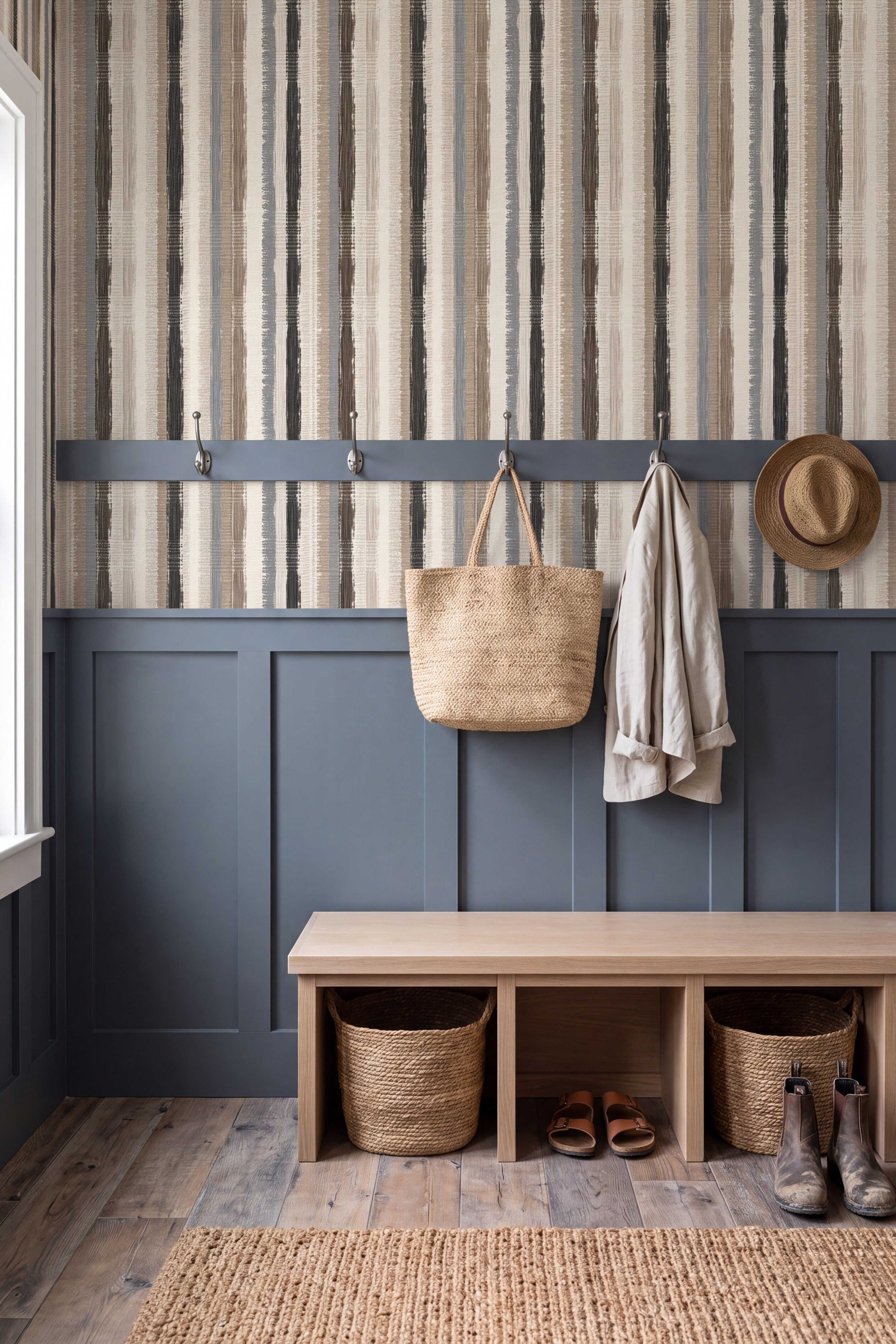 Homespun Stripe wallpaper shown in a mudroom