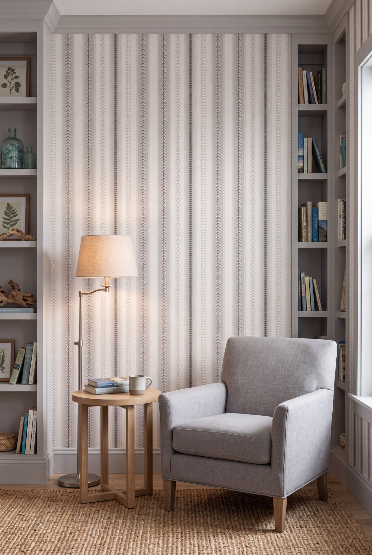 Wheatstitch wallpaper shown in a reading nook