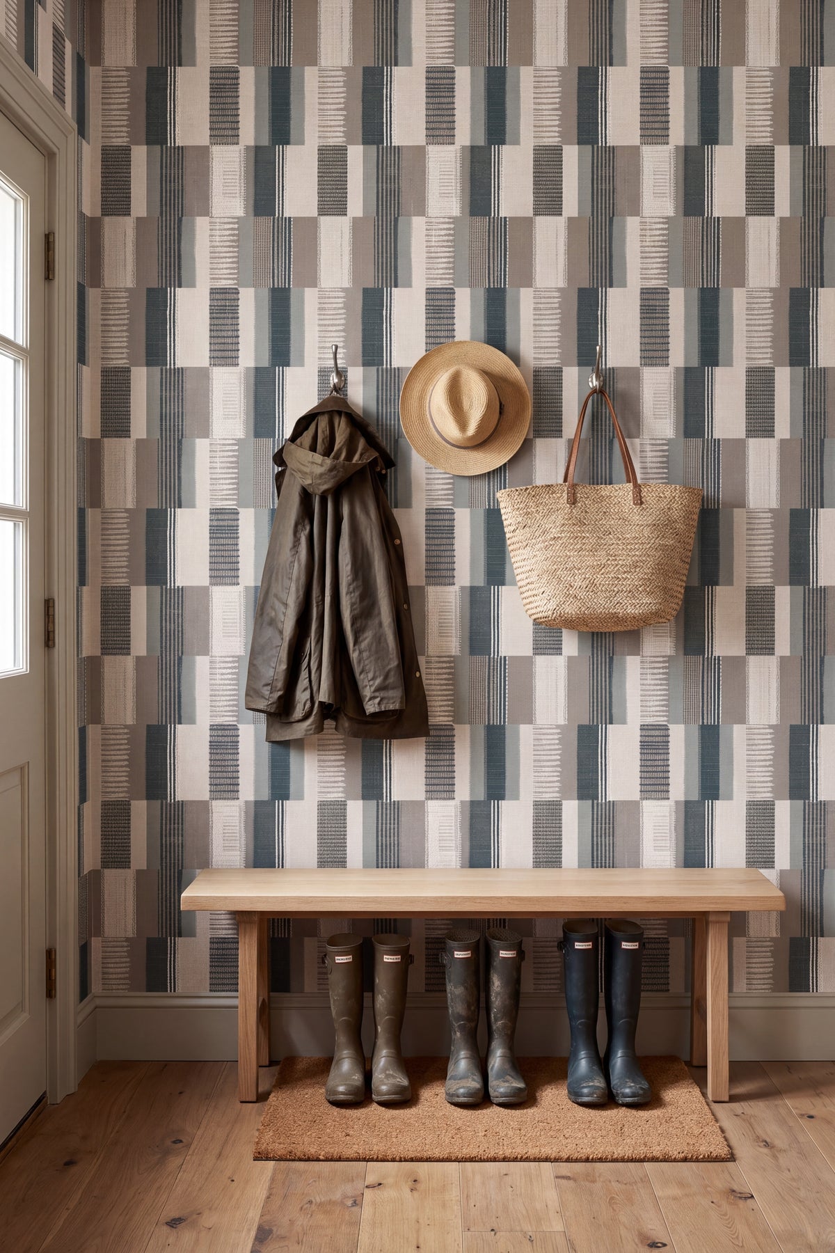 Patchwork Cove wallpaper shown in a mudroom